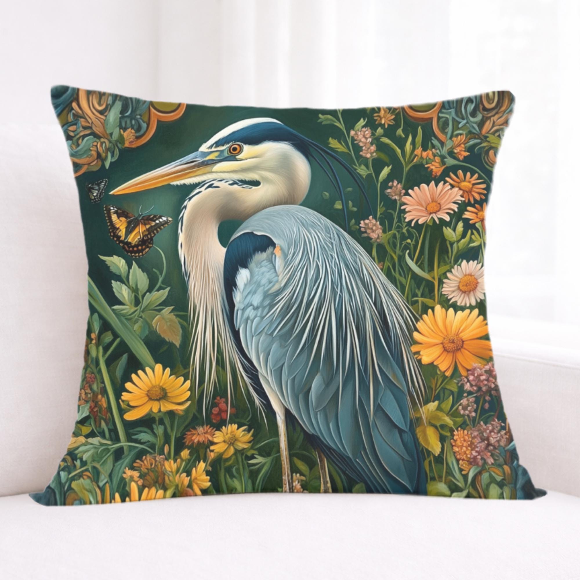 Heron Garden Pillow, Vintage Bird Art Cushion, William Morris Inspired Floral Throw Pillow, Botanical Pillowcase, Cottagecore Decor