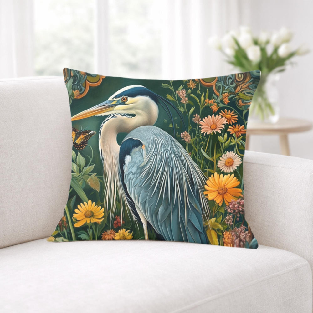 Heron Garden Pillow, Vintage Bird Art Cushion, William Morris Inspired Floral Throw Pillow, Botanical Pillowcase, Cottagecore Decor