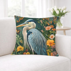 Heron Garden Pillow, Vintage Bird Art Cushion, William Morris Inspired Floral Throw Pillow, Botanical Pillowcase, Cottagecore Decor