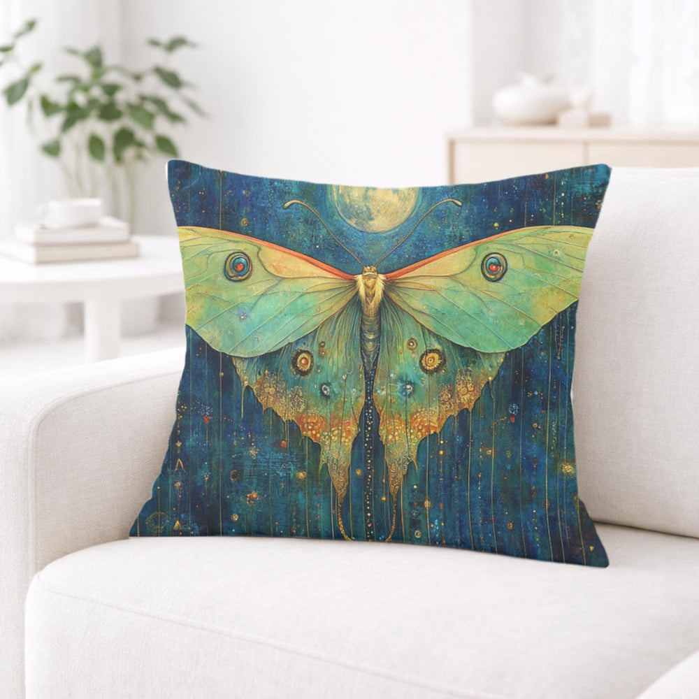 Luna Moth Moonlight Pillow, Mystical Insect Botanical Cushion, Celestial Nature Throw Pillow, Art Nouveau Moth Pillowcase, Moody Home Decor