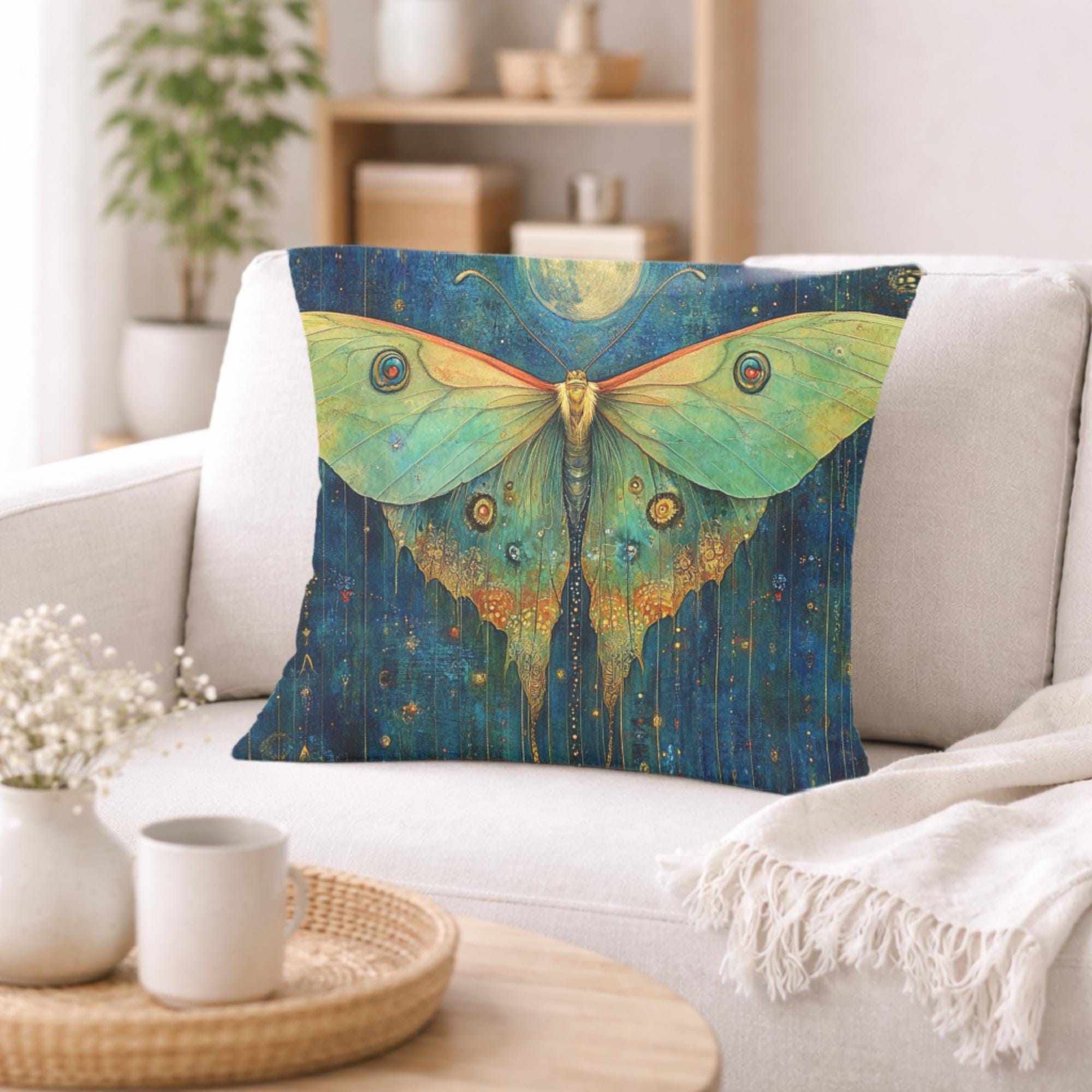 Luna Moth Moonlight Pillow, Mystical Insect Botanical Cushion, Celestial Nature Throw Pillow, Art Nouveau Moth Pillowcase, Moody Home Decor