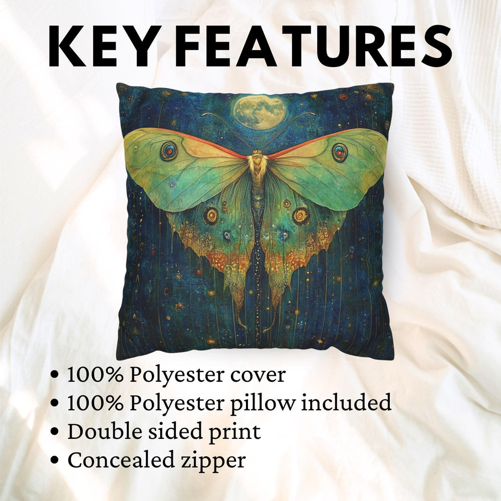 Luna Moth Moonlight Pillow, Mystical Insect Botanical Cushion, Celestial Nature Throw Pillow, Art Nouveau Moth Pillowcase, Moody Home Decor