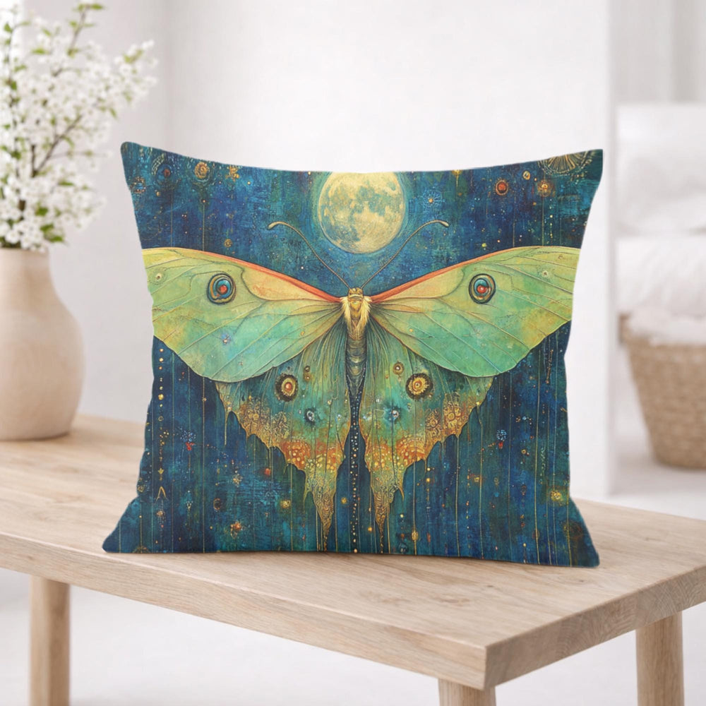 Luna Moth Moonlight Pillow, Mystical Insect Botanical Cushion, Celestial Nature Throw Pillow, Art Nouveau Moth Pillowcase, Moody Home Decor