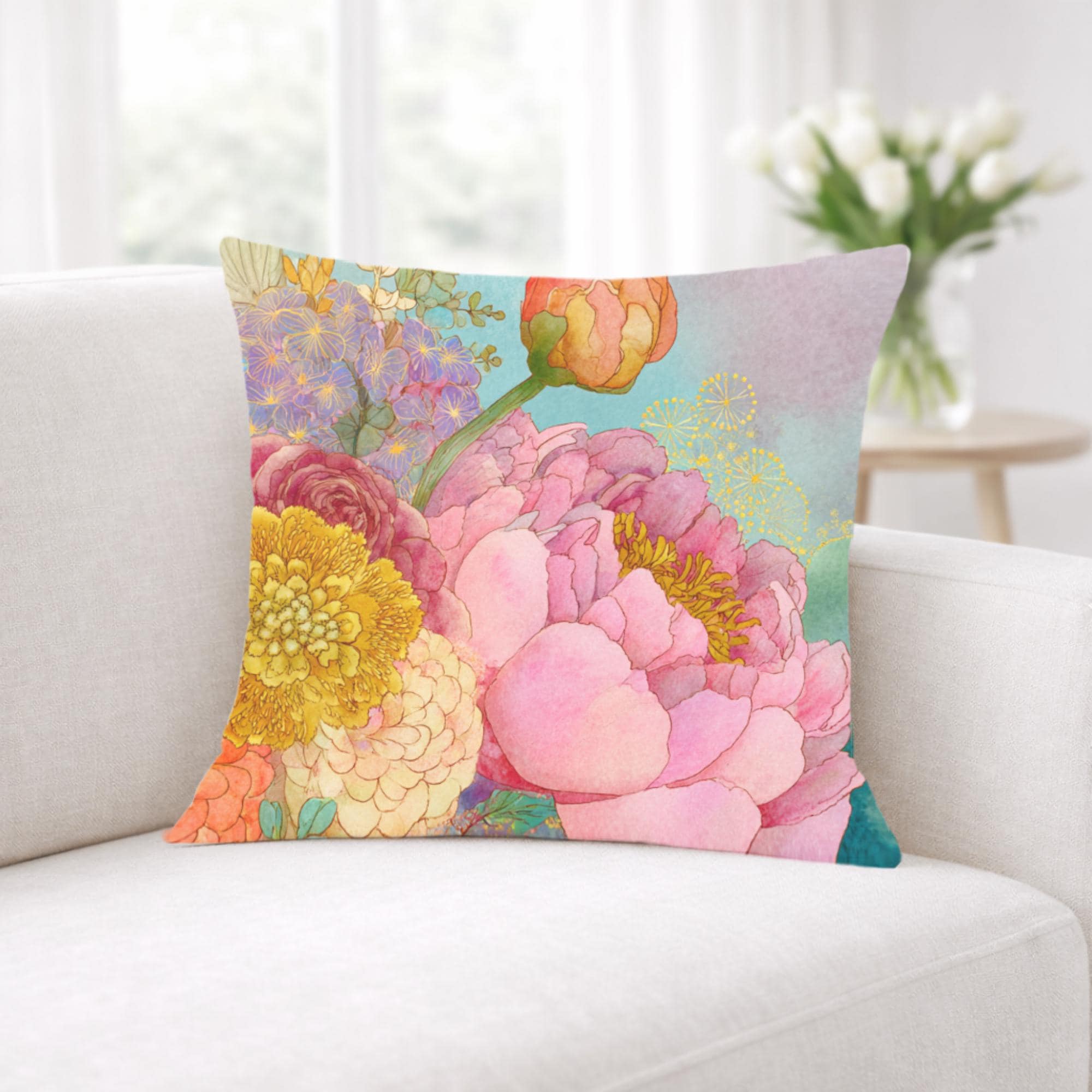 Pastel Peony Garden Pillow, Romantic Floral Cushion, Vintage Botanical Throw Pillow, Soft Cottagecore Pillowcase, Elegant Couch Decor