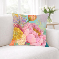 Pastel Peony Garden Pillow, Romantic Floral Cushion, Vintage Botanical Throw Pillow, Soft Cottagecore Pillowcase, Elegant Couch Decor