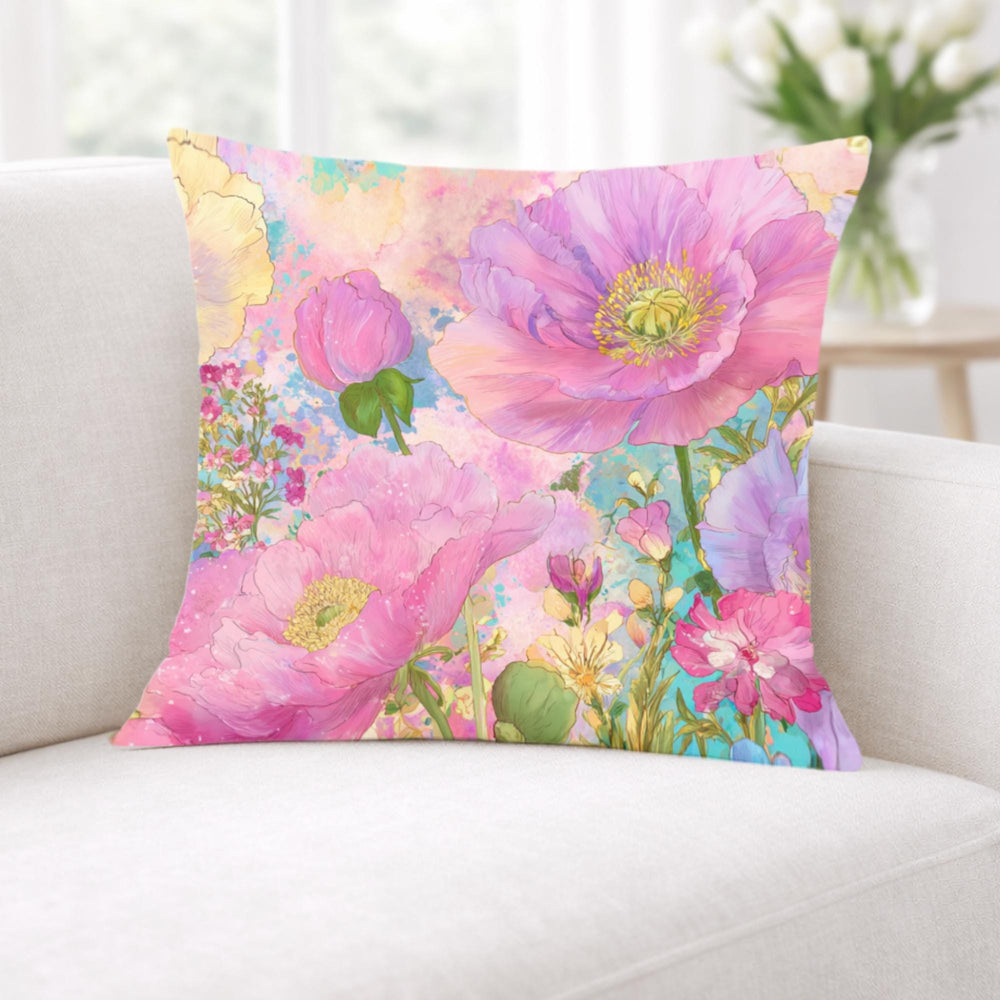 Pastel Poppy Garden Pillow, Vibrant Watercolor Floral Cushion, Botanical Throw Pillow, Whimsical Cottagecore Pillowcase, Cheerful Decor