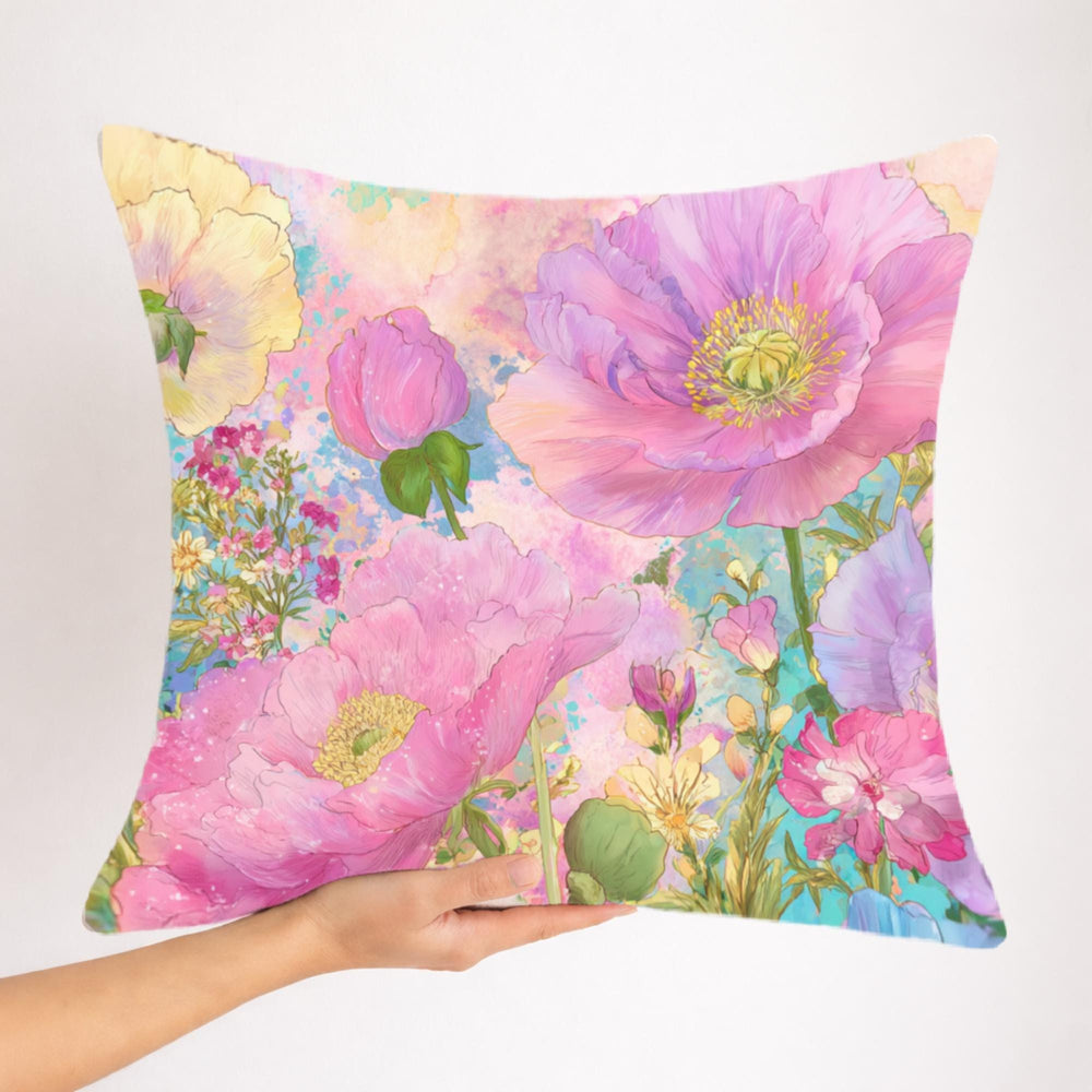 Pastel Poppy Garden Pillow, Vibrant Watercolor Floral Cushion, Botanical Throw Pillow, Whimsical Cottagecore Pillowcase, Cheerful Decor