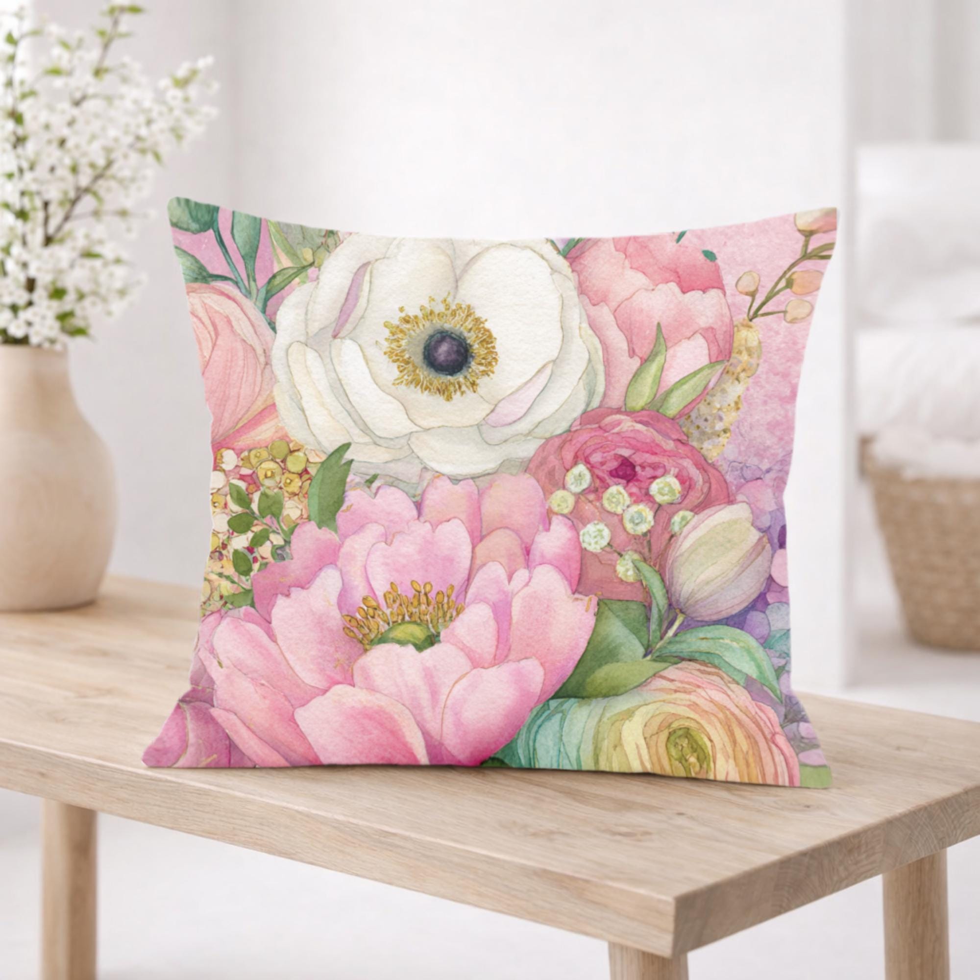 Blush Garden Floral Pillow, Soft Flower Cushion, Romantic Botanical Throw Pillow, Pastel Cottagecore Pillowcase, Elegant Spring Decor