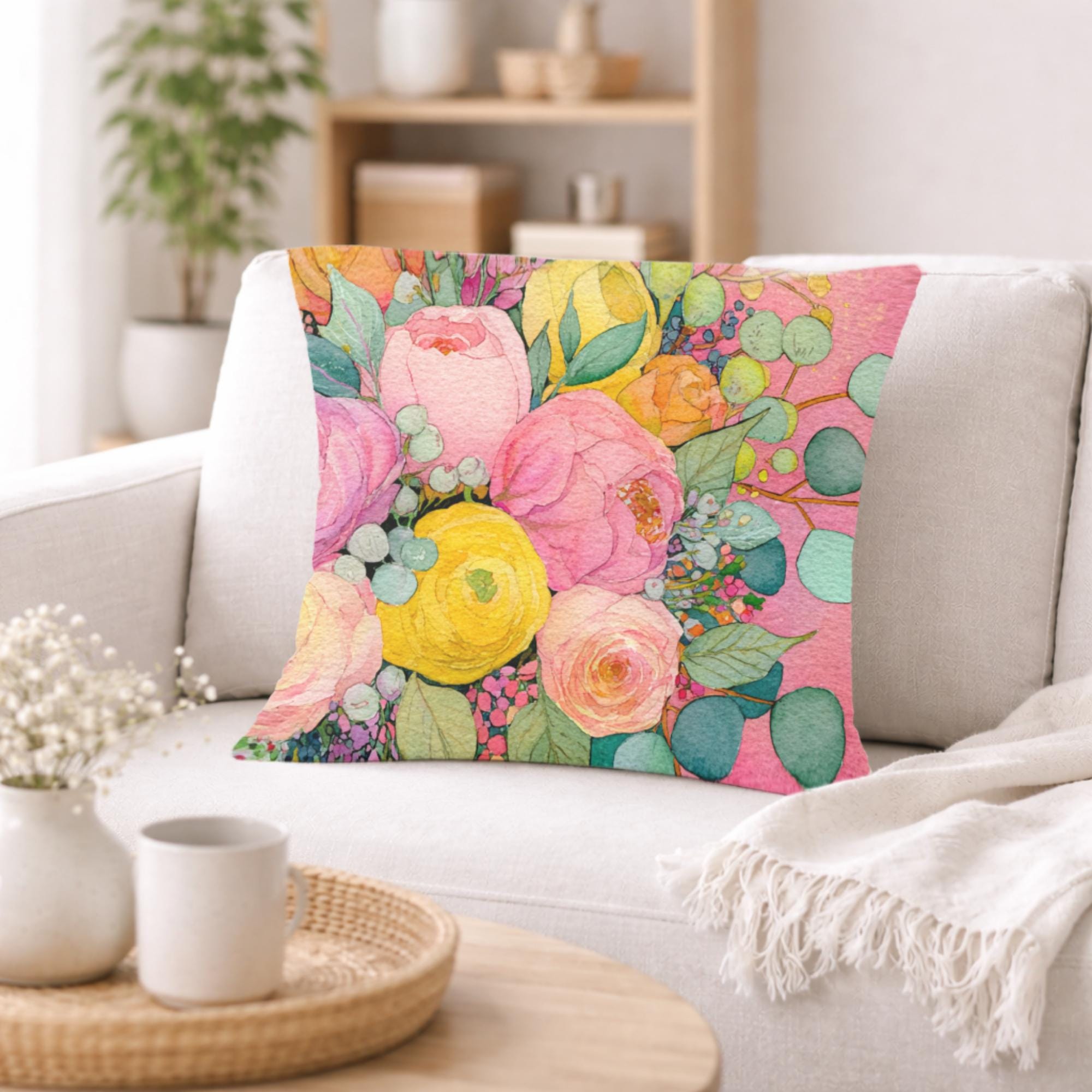 Pink Yellow Floral Pillow, Pastel Garden Cushion, Romantic Botanical Throw Pillow, Cottagecore Pillowcase, Spring Couch Decor