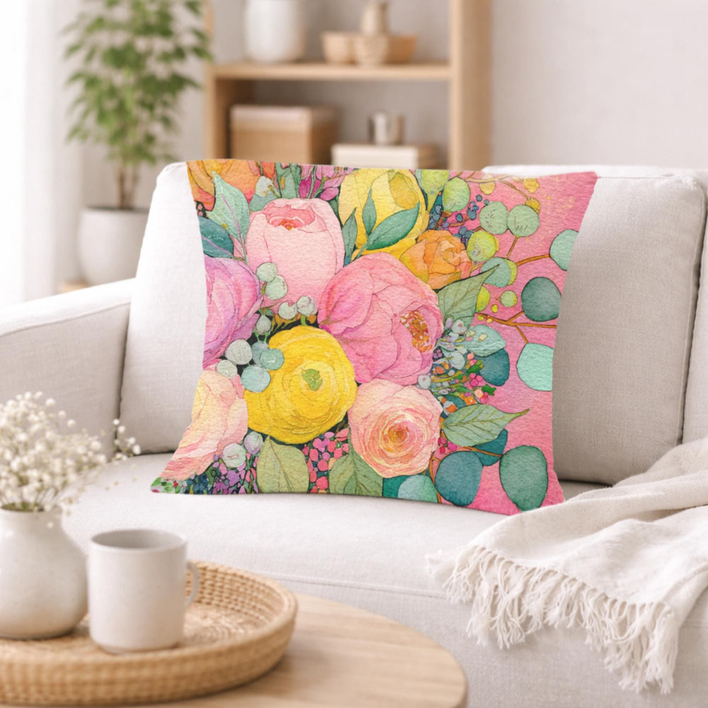 Pink Yellow Floral Pillow, Pastel Garden Cushion, Romantic Botanical Throw Pillow, Cottagecore Pillowcase, Spring Couch Decor