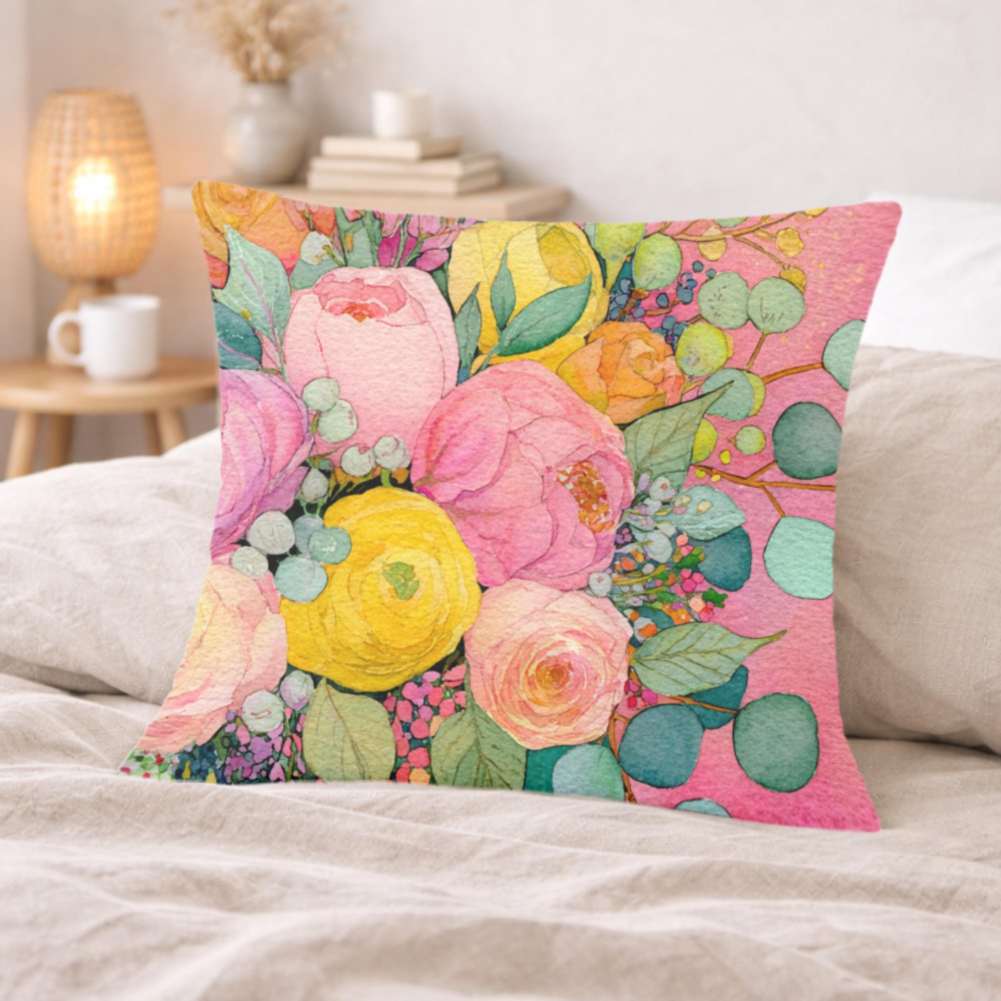 Pink Yellow Floral Pillow, Pastel Garden Cushion, Romantic Botanical Throw Pillow, Cottagecore Pillowcase, Spring Couch Decor