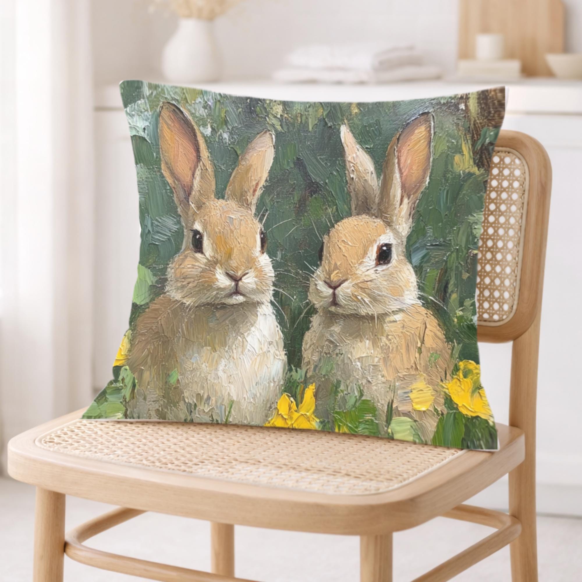 Spring Bunny Pair Pillow, Cottage Garden Rabbits Cushion, Whimsical Woodland Throw Pillow, Farmhouse Animal Pillowcase, Bunny Lover Decor