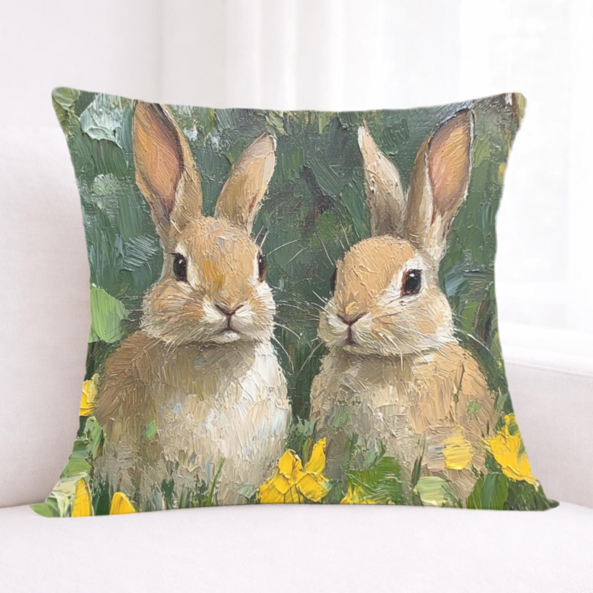 Spring Bunny Pair Pillow, Cottage Garden Rabbits Cushion, Whimsical Woodland Throw Pillow, Farmhouse Animal Pillowcase, Bunny Lover Decor