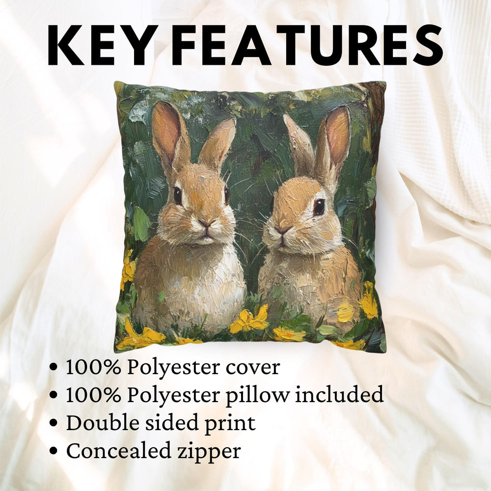 Spring Bunny Pair Pillow, Cottage Garden Rabbits Cushion, Whimsical Woodland Throw Pillow, Farmhouse Animal Pillowcase, Bunny Lover Decor