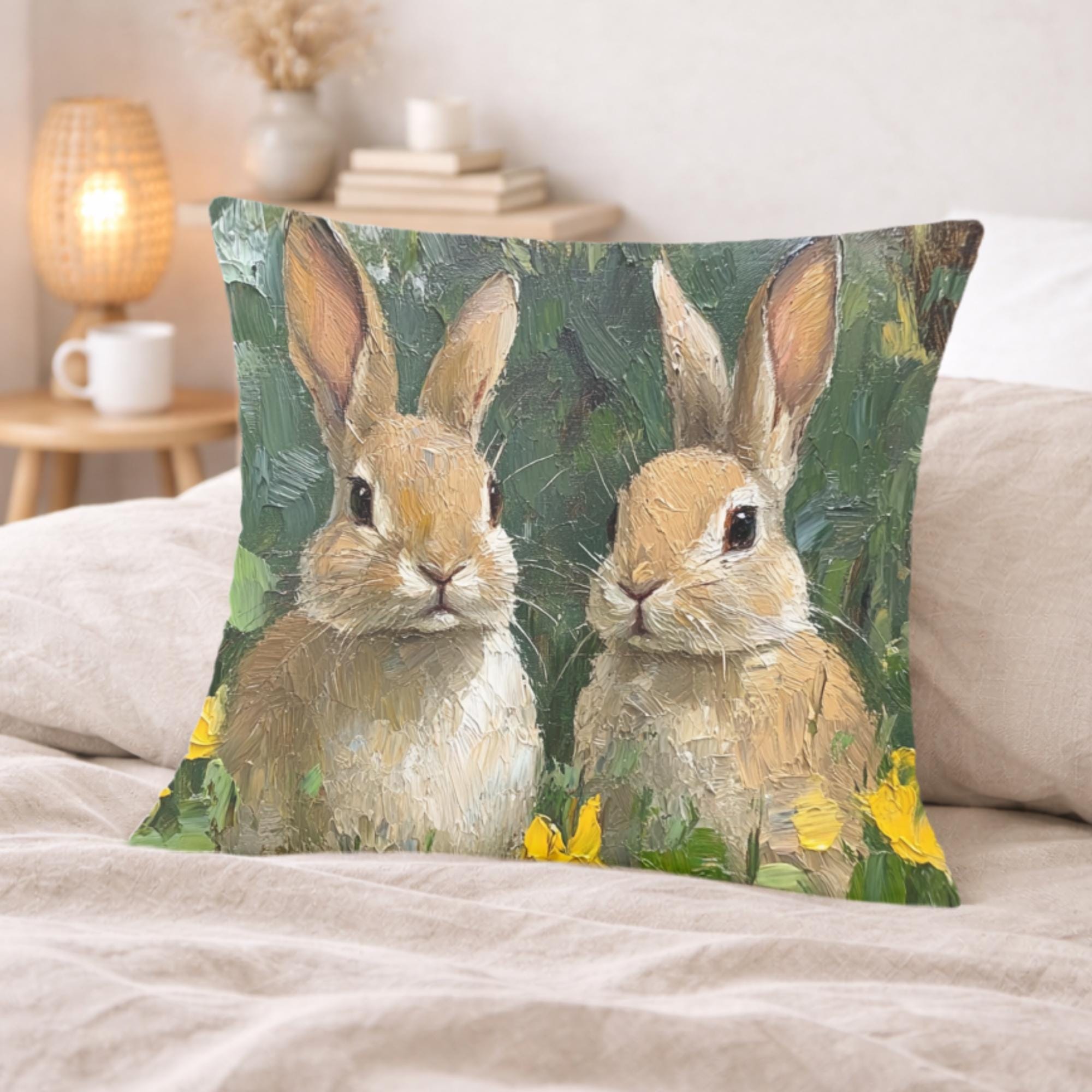 Spring Bunny Pair Pillow, Cottage Garden Rabbits Cushion, Whimsical Woodland Throw Pillow, Farmhouse Animal Pillowcase, Bunny Lover Decor