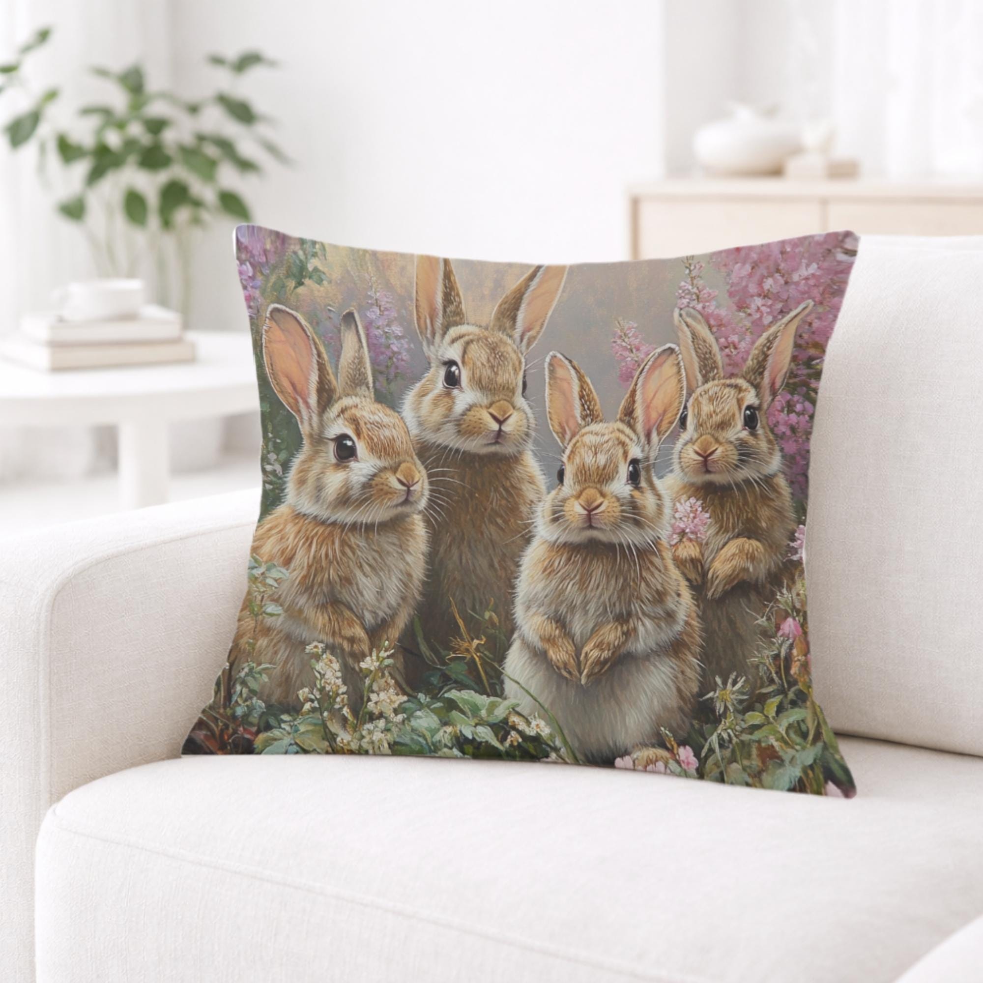 Spring Bunny Family Pillow, Cottage Garden Rabbits Cushion, Whimsical Woodland Throw Pillow, Farmhouse Animal Pillowcase, Spring Couch Decor
