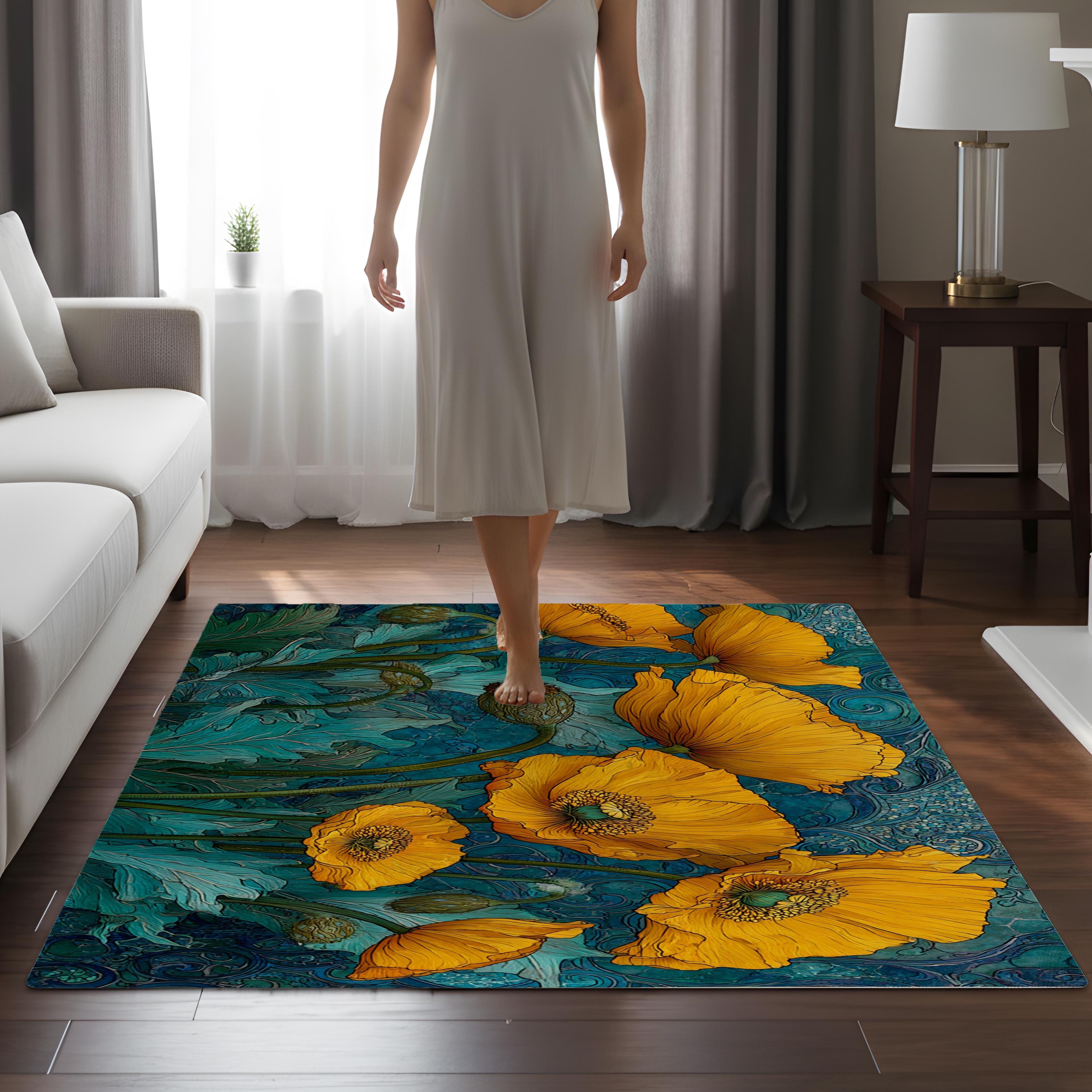 Art Nouveau Poppy Area Rug, Golden Floral Botanical Floor Decor, Teal Blue Vintage Garden Pattern Rug, Statement Living Room Accent