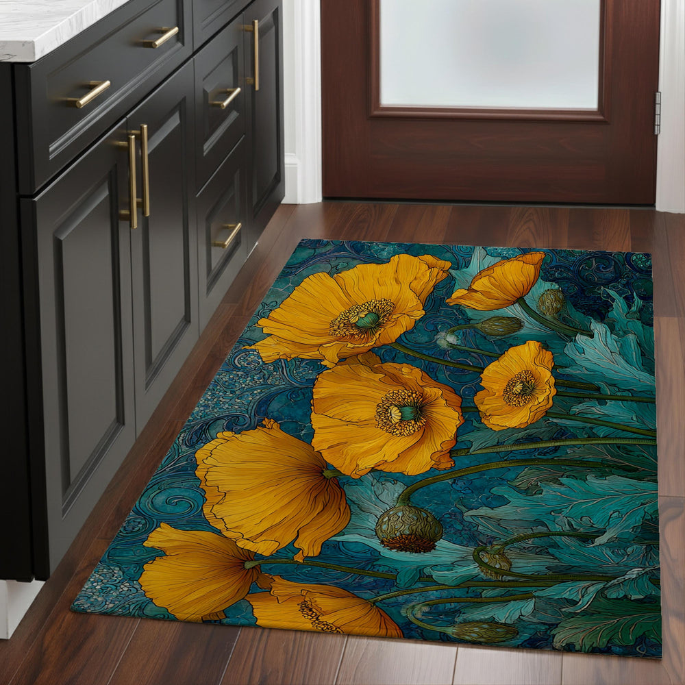 Art Nouveau Poppy Area Rug, Golden Floral Botanical Floor Decor, Teal Blue Vintage Garden Pattern Rug, Statement Living Room Accent