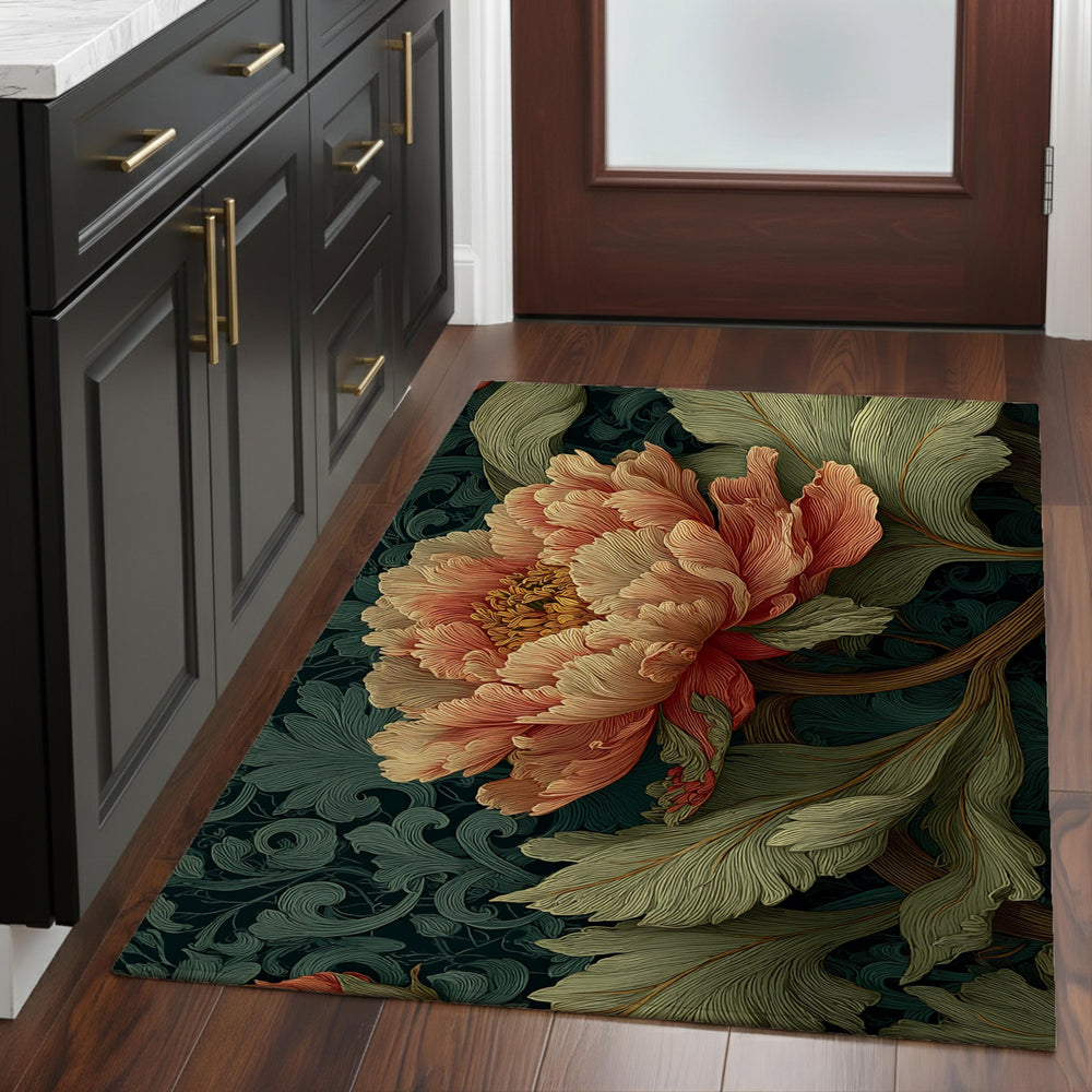 Art Nouveau Peony Area Rug, Vintage Floral Botanical Floor Decor, Dark Green Garden Pattern Rug, Elegant Living Room Accent
