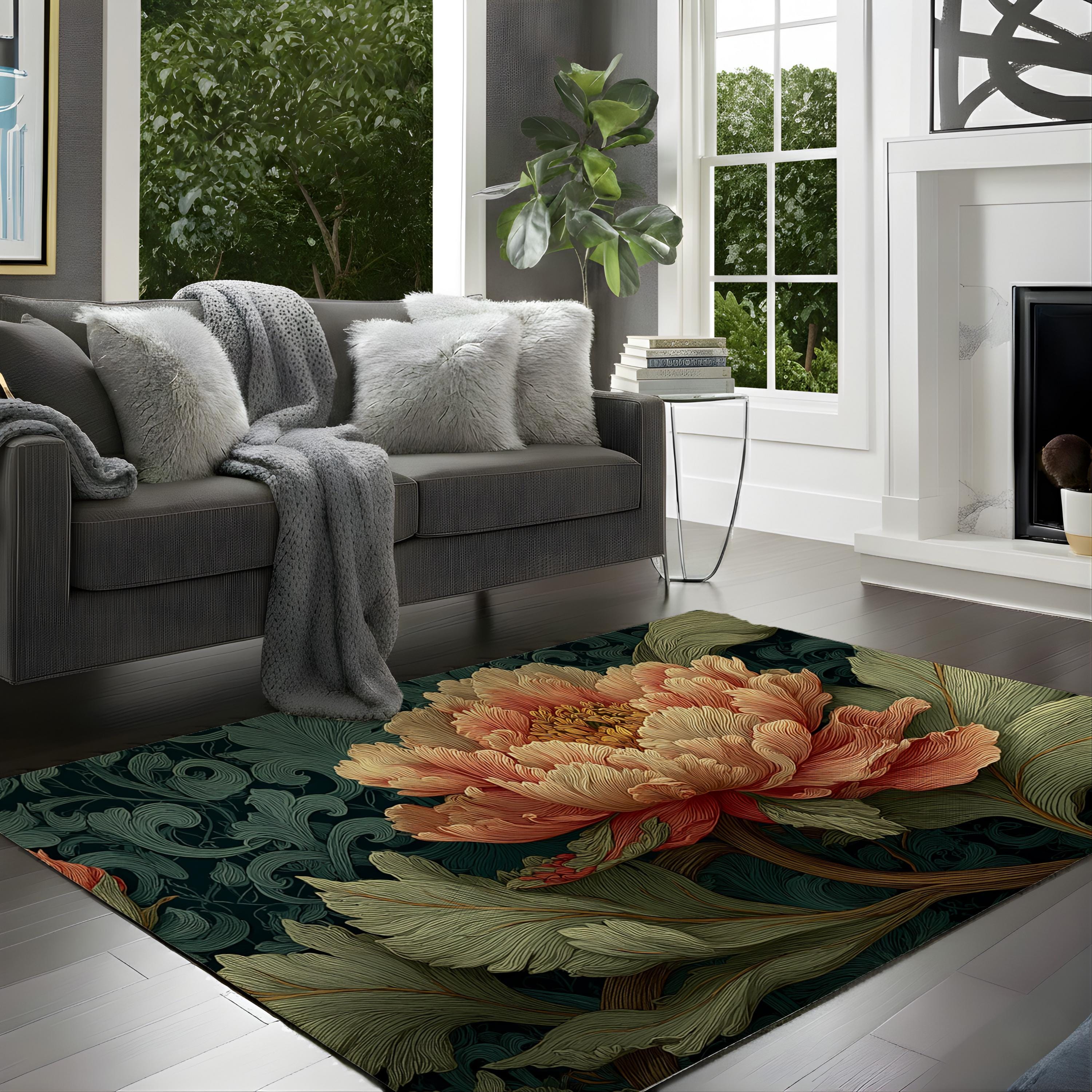 Art Nouveau Peony Area Rug, Vintage Floral Botanical Floor Decor, Dark Green Garden Pattern Rug, Elegant Living Room Accent