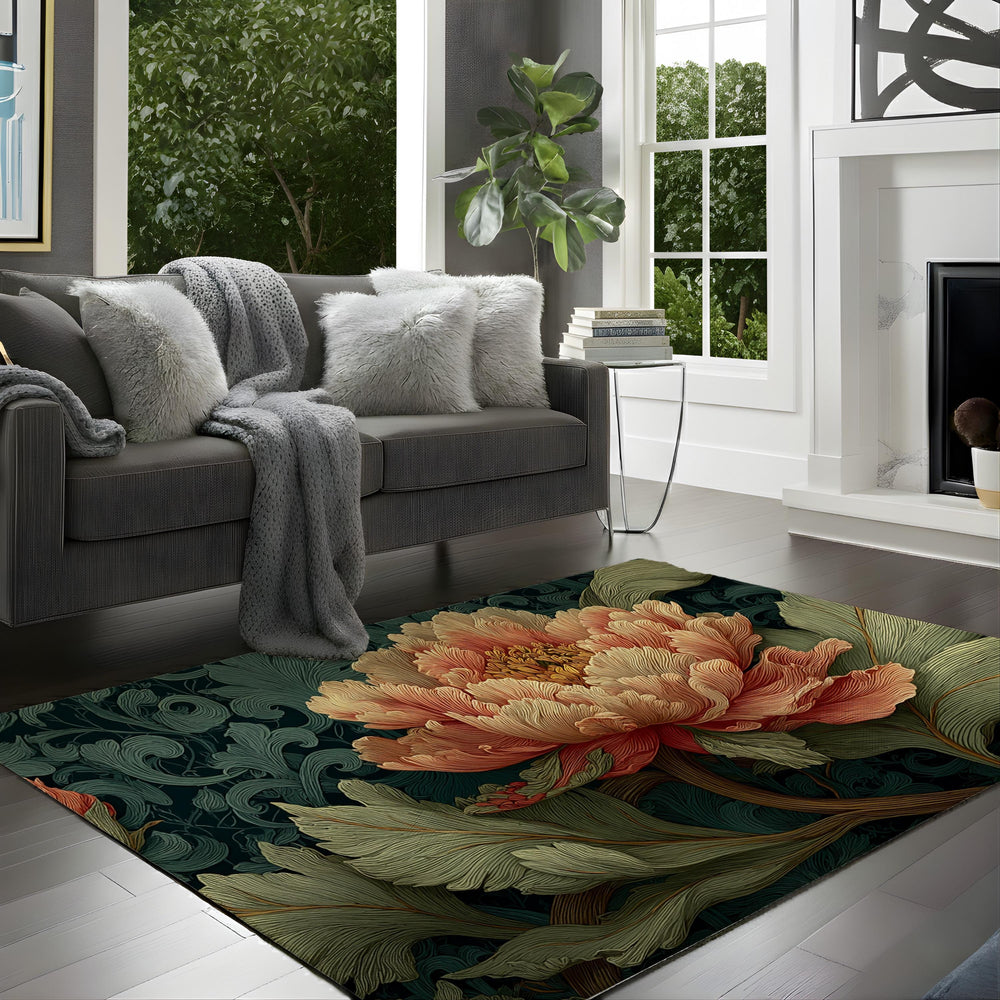 Art Nouveau Peony Area Rug, Vintage Floral Botanical Floor Decor, Dark Green Garden Pattern Rug, Elegant Living Room Accent
