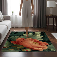 William Morris Peony Area Rug, Vintage Botanical Floral Floor Decor, Coral Green Art Nouveau Garden Pattern Rug, Elegant Home Accent