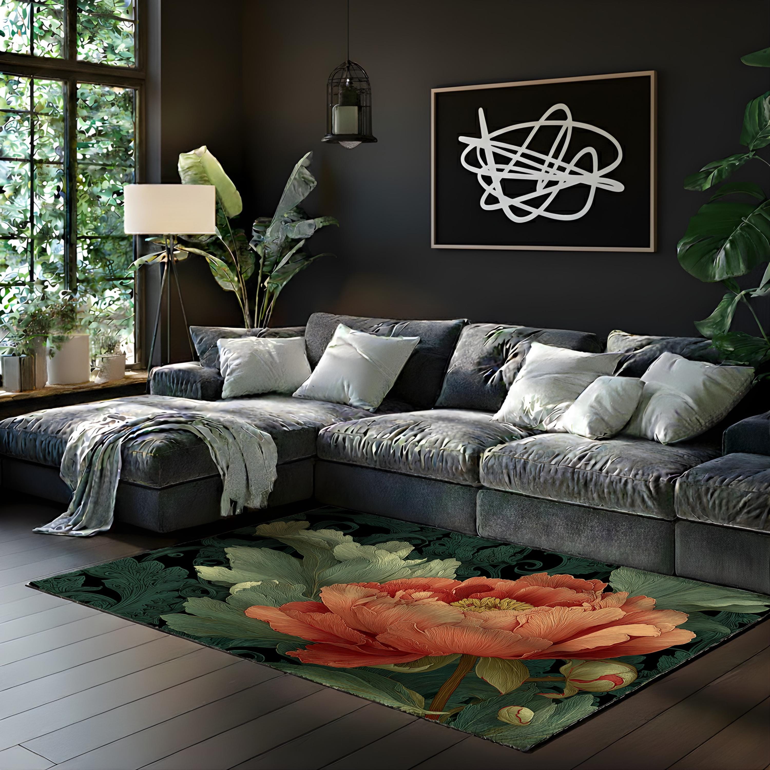 William Morris Peony Area Rug, Vintage Botanical Floral Floor Decor, Coral Green Art Nouveau Garden Pattern Rug, Elegant Home Accent