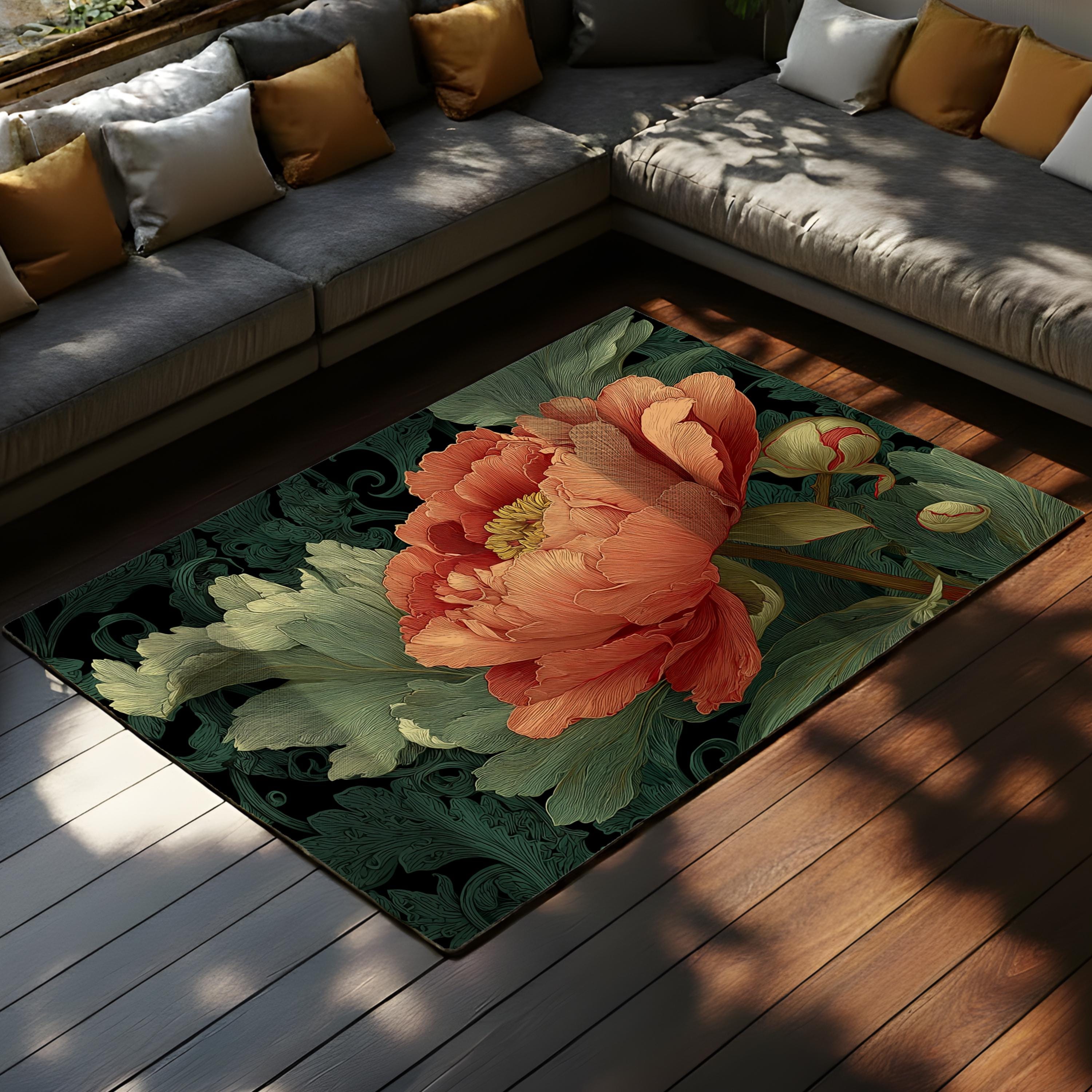 William Morris Peony Area Rug, Vintage Botanical Floral Floor Decor, Coral Green Art Nouveau Garden Pattern Rug, Elegant Home Accent