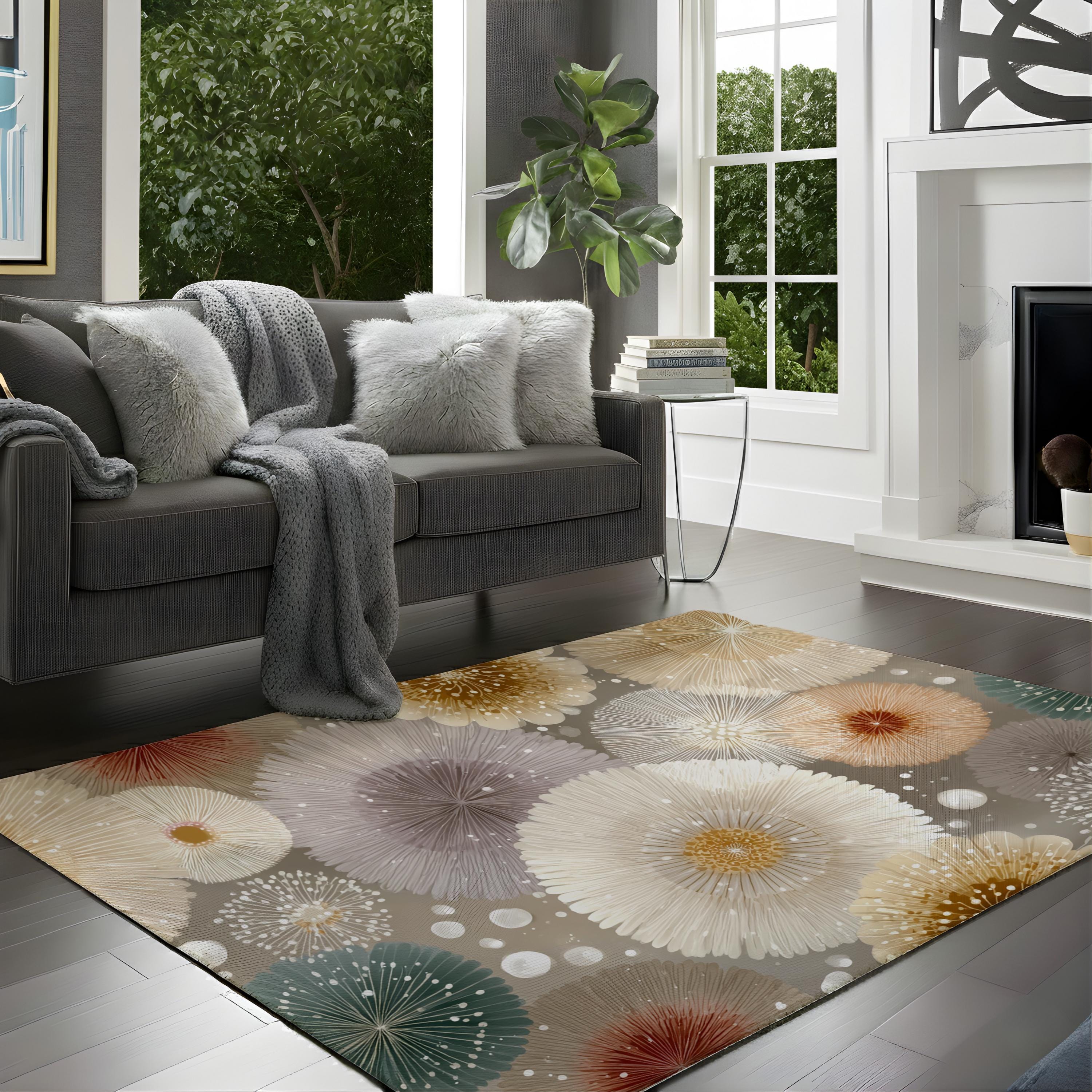 Neutral Mandala Area Rug, Soft Abstract Floral Floor Decor, Beige Cream Modern Pattern Rug, Cozy Living Room Accent