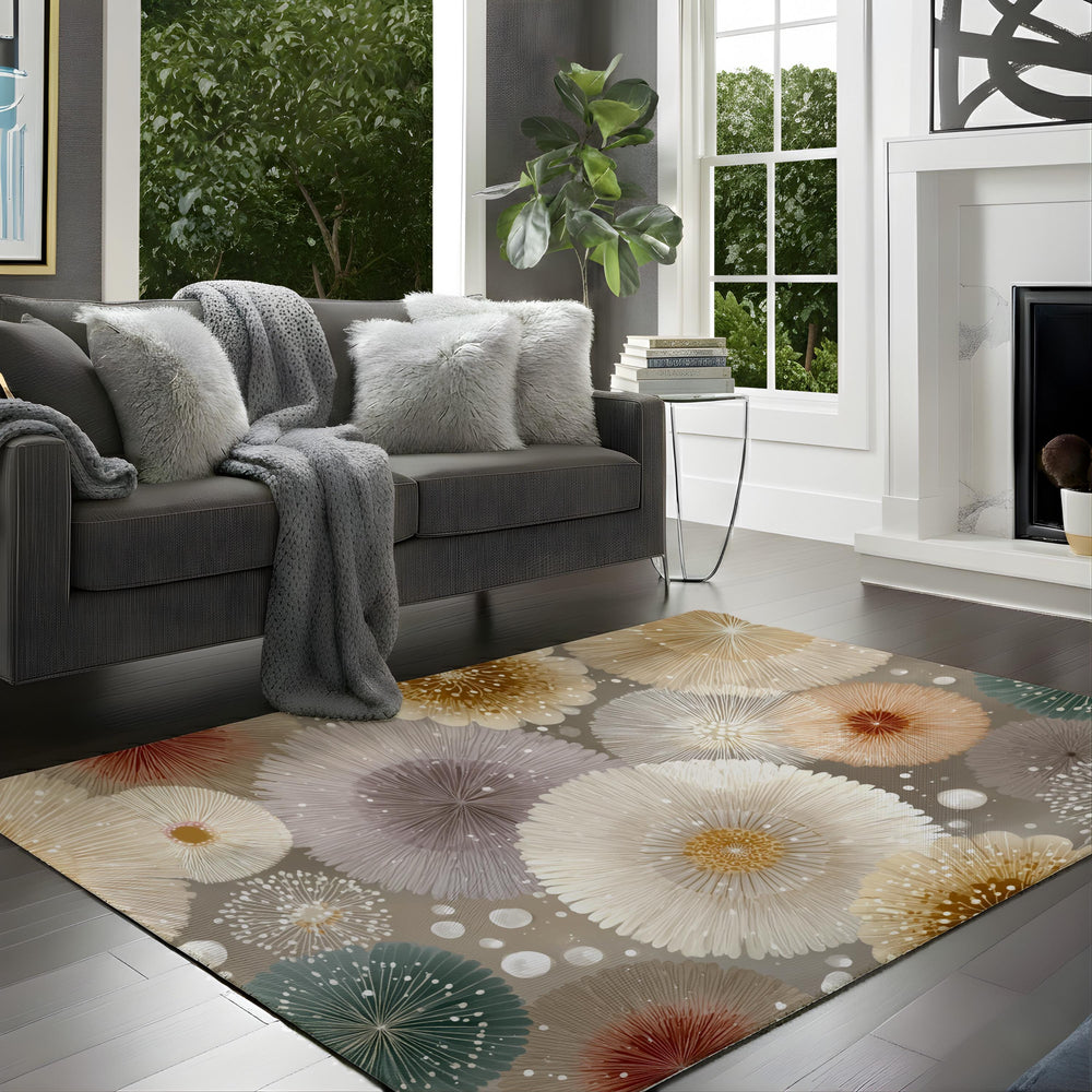 Neutral Mandala Area Rug, Soft Abstract Floral Floor Decor, Beige Cream Modern Pattern Rug, Cozy Living Room Accent
