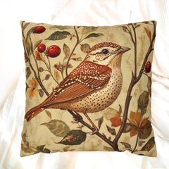Vintage Wren Botanical Pillow Cover, Autumn Bird and Floral Cushion, Nature Inspired Farmhouse Decor, Rustic Cottagecore Throw Pillow