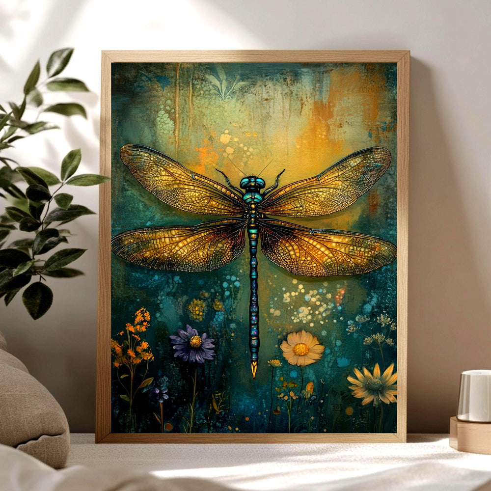 Enchanting Dragonfly Wooden Framed Art, Nature Inspired Dragonfly Print, Boho Insect Wall Decor, Whimsical Dragonfly Artwork