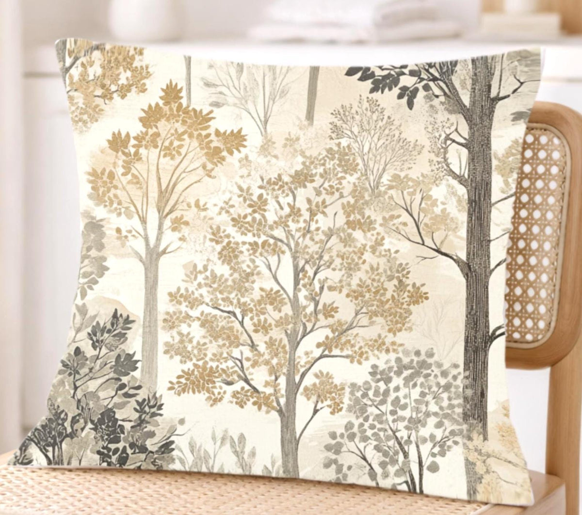 Woodland Forest Trees Pillow, Neutral Nature-Inspired Throw Pillow, Beige Grey Accent Cushion, Botanical Pillowcase, Cozy Rustic Home Decor
