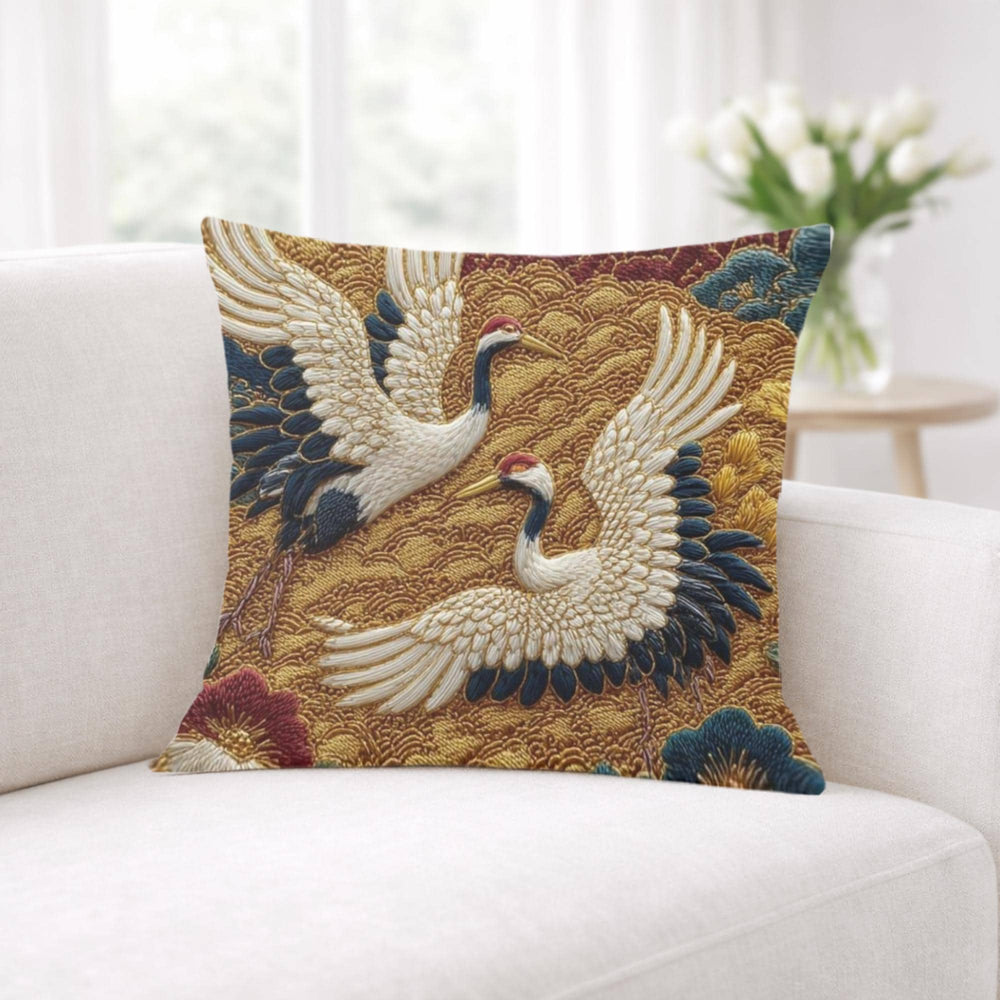 Crane Faux Embroidery Pillow, Vintage Asian Bird Cushion, Ornate Floral Throw Pillow, Whimsical Textile Pillowcase, Elegant Nature Decor