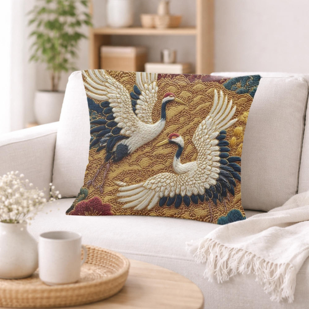 Crane Faux Embroidery Pillow, Vintage Asian Bird Cushion, Ornate Floral Throw Pillow, Whimsical Textile Pillowcase, Elegant Nature Decor