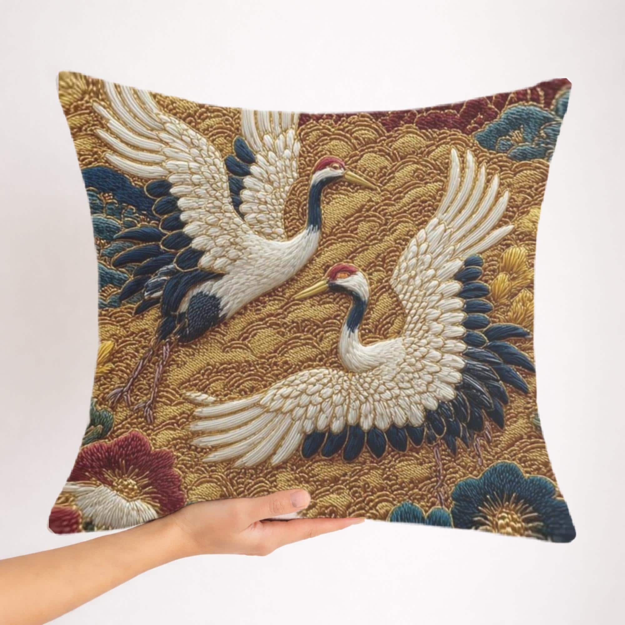 Crane Faux Embroidery Pillow, Vintage Asian Bird Cushion, Ornate Floral Throw Pillow, Whimsical Textile Pillowcase, Elegant Nature Decor