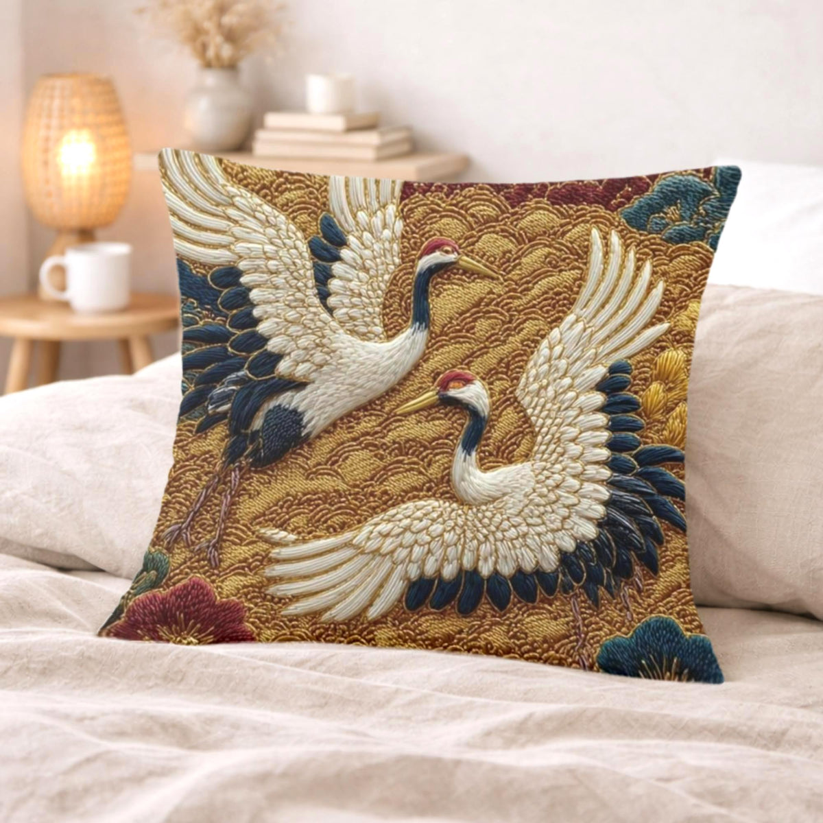 Crane Faux Embroidery Pillow, Vintage Asian Bird Cushion, Ornate Floral Throw Pillow, Whimsical Textile Pillowcase, Elegant Nature Decor
