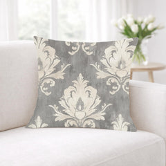 Vintage Gray Damask Pillow, Neutral Ornate Throw Pillow, Classic European Pattern Cushion, Elegant Farmhouse Pillowcase, Timeless Home Decor