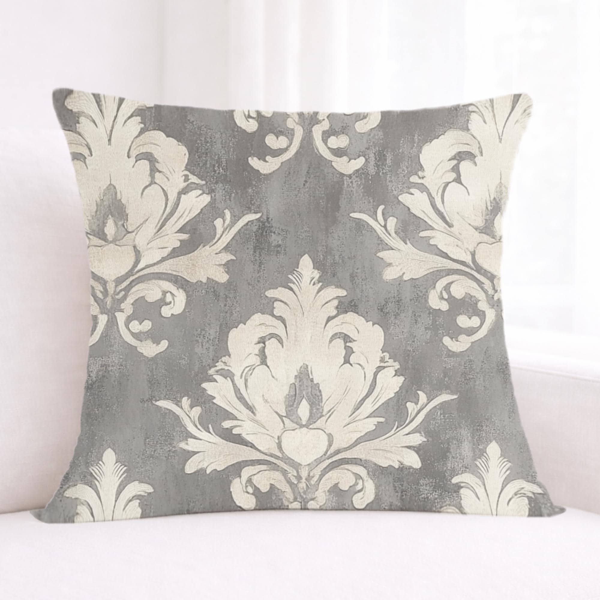 Vintage Gray Damask Pillow, Neutral Ornate Throw Pillow, Classic European Pattern Cushion, Elegant Farmhouse Pillowcase, Timeless Home Decor