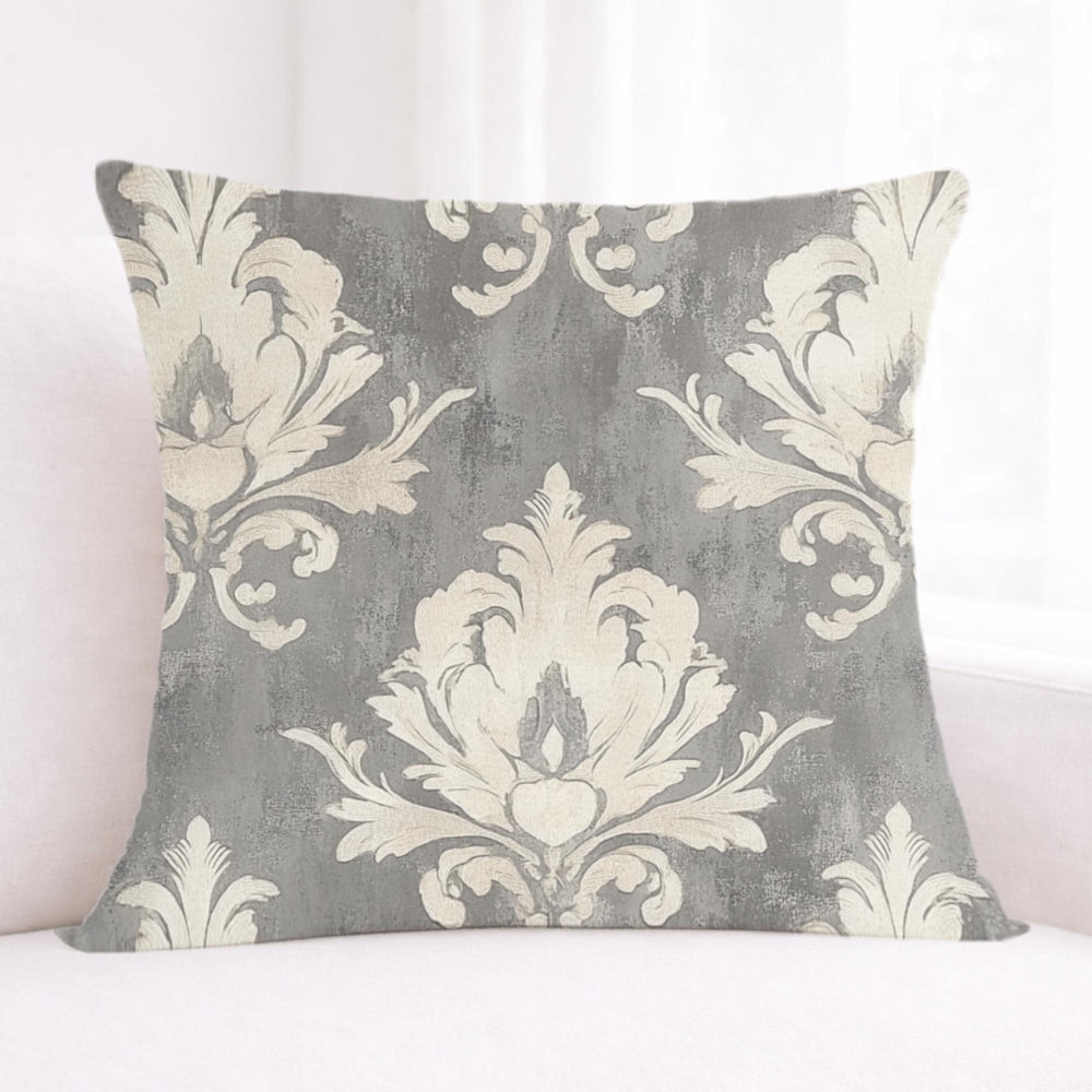 Vintage Gray Damask Pillow, Neutral Ornate Throw Pillow, Classic European Pattern Cushion, Elegant Farmhouse Pillowcase, Timeless Home Decor