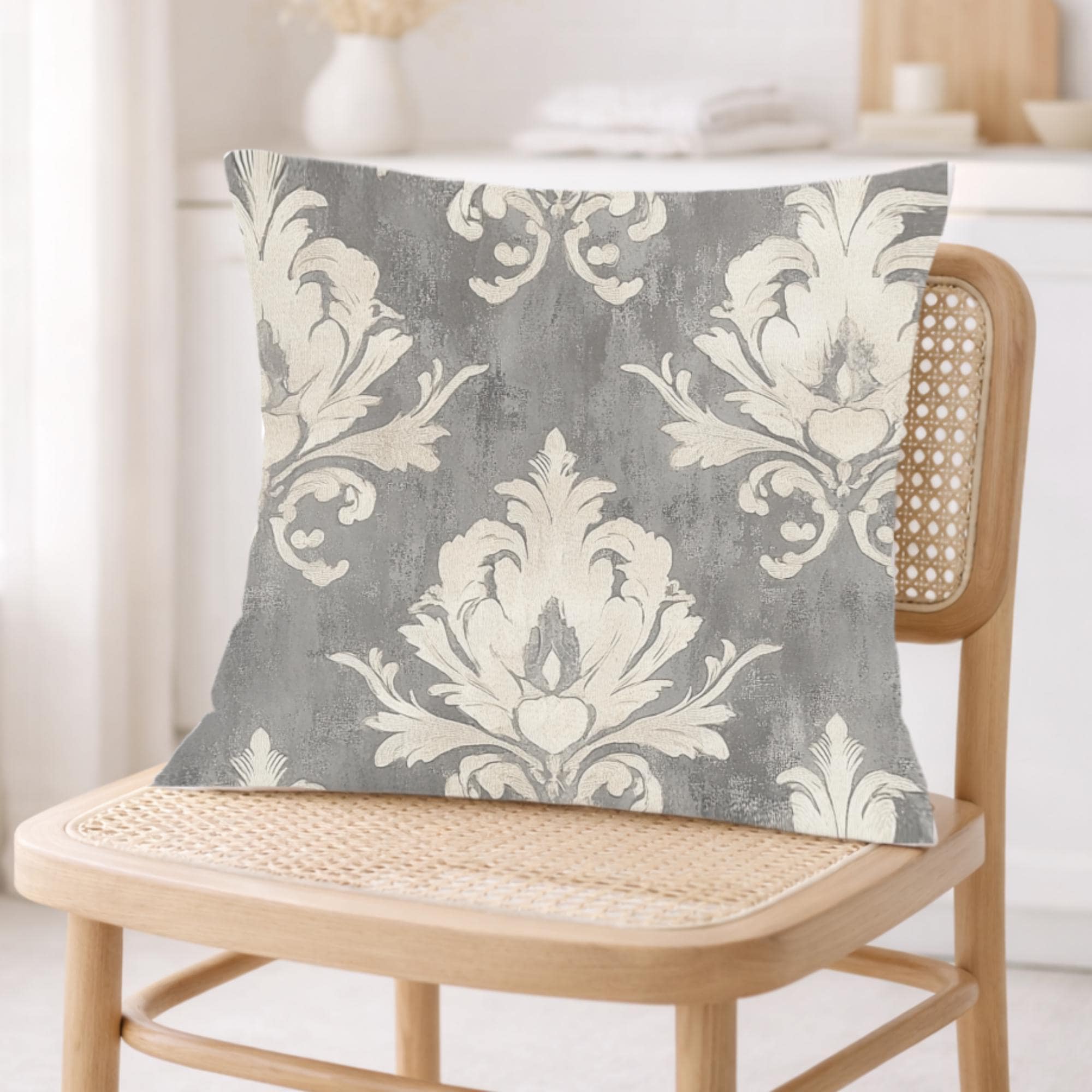 Vintage Gray Damask Pillow, Neutral Ornate Throw Pillow, Classic European Pattern Cushion, Elegant Farmhouse Pillowcase, Timeless Home Decor