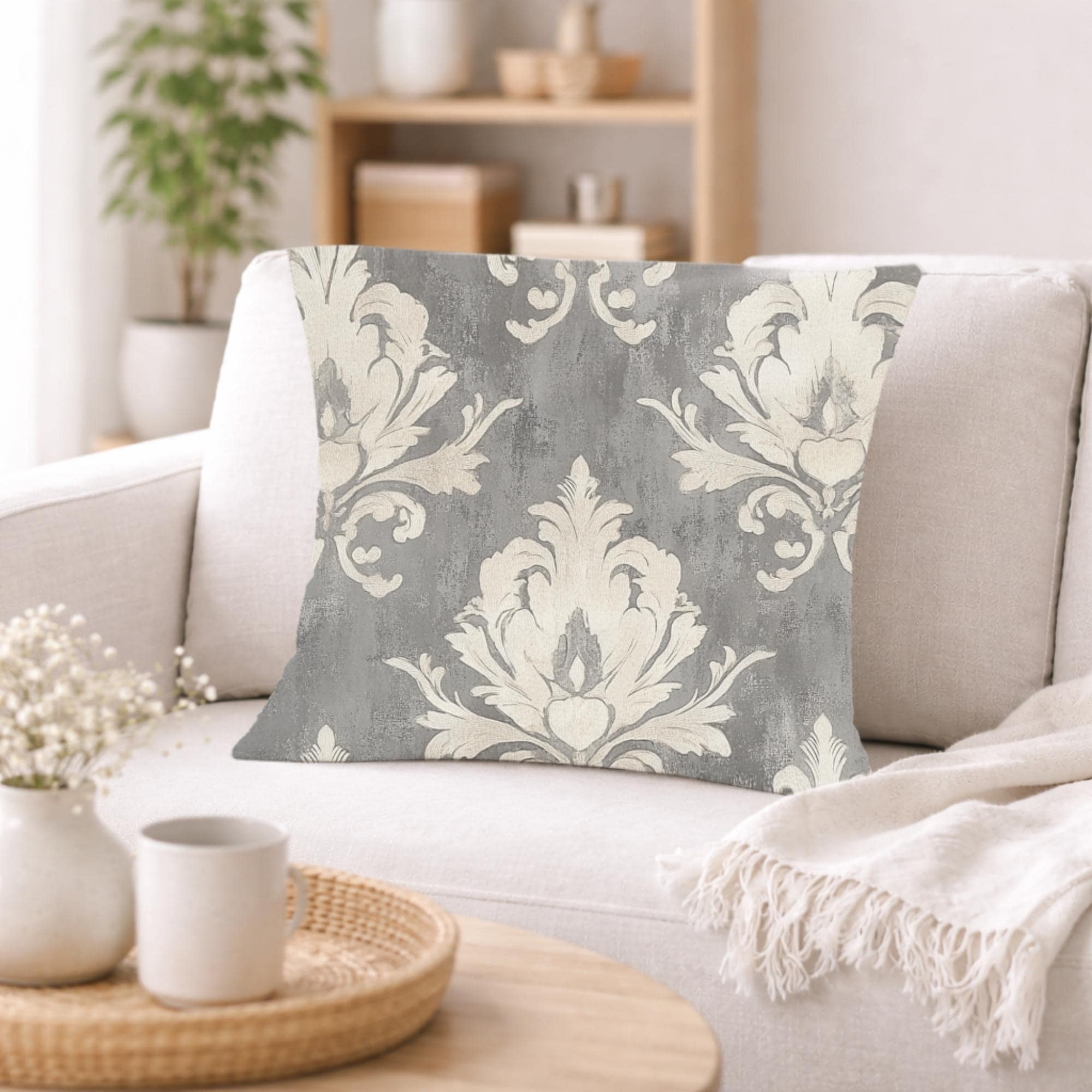 Vintage Gray Damask Pillow, Neutral Ornate Throw Pillow, Classic European Pattern Cushion, Elegant Farmhouse Pillowcase, Timeless Home Decor