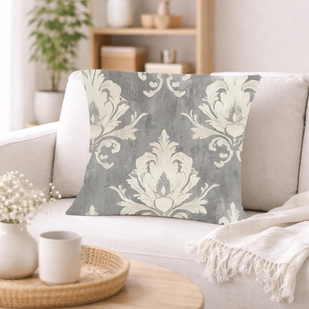 Vintage Gray Damask Pillow, Neutral Ornate Throw Pillow, Classic European Pattern Cushion, Elegant Farmhouse Pillowcase, Timeless Home Decor