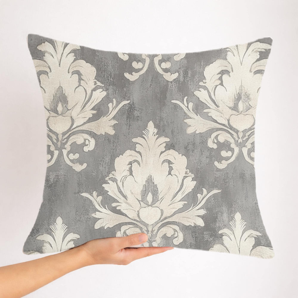 Vintage Gray Damask Pillow, Neutral Ornate Throw Pillow, Classic European Pattern Cushion, Elegant Farmhouse Pillowcase, Timeless Home Decor