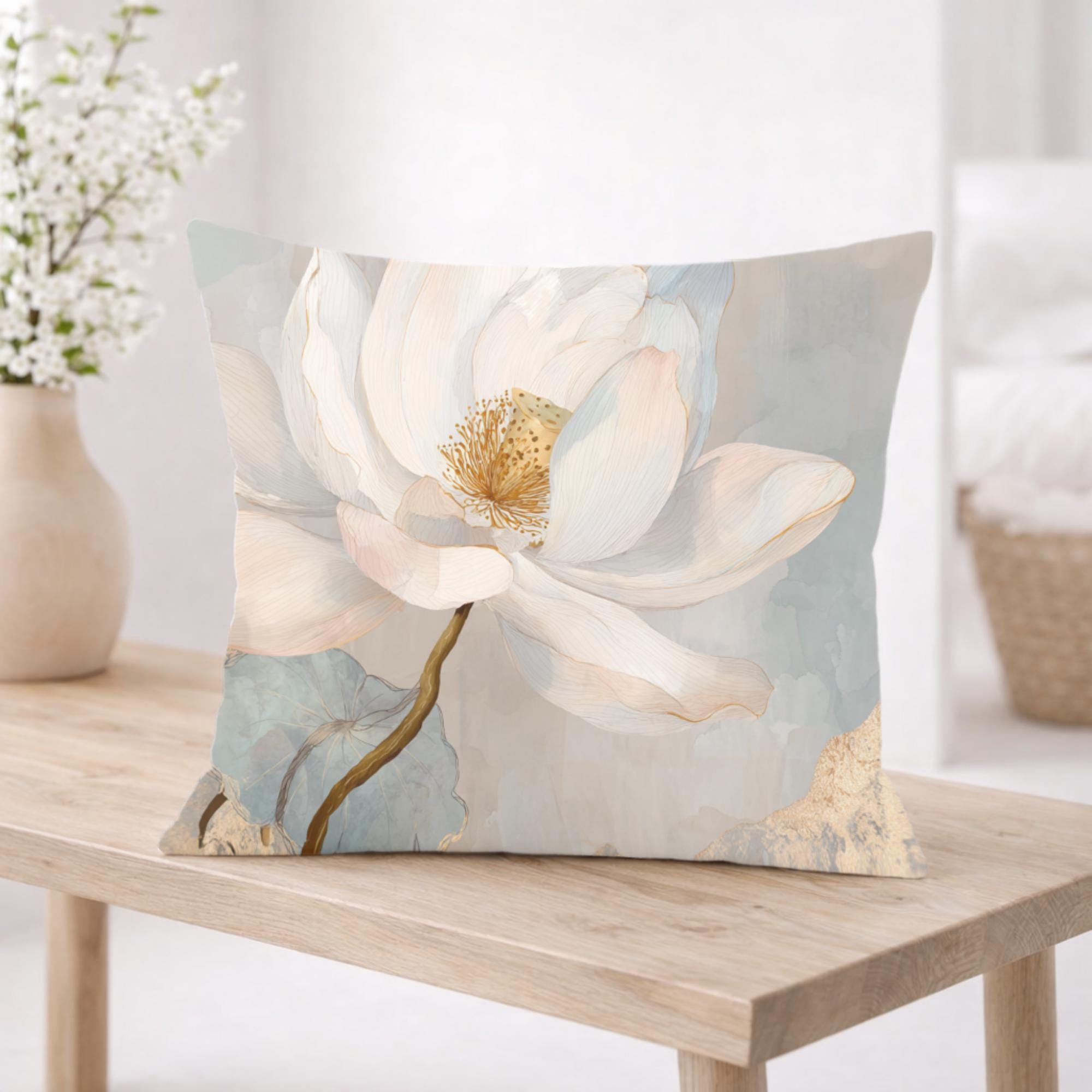 White Lotus Flower Pillow, Soft Neutral Floral Throw Pillow, Elegant Botanical Cushion, Serene Nature Pillowcase, Minimal Cottage Decor