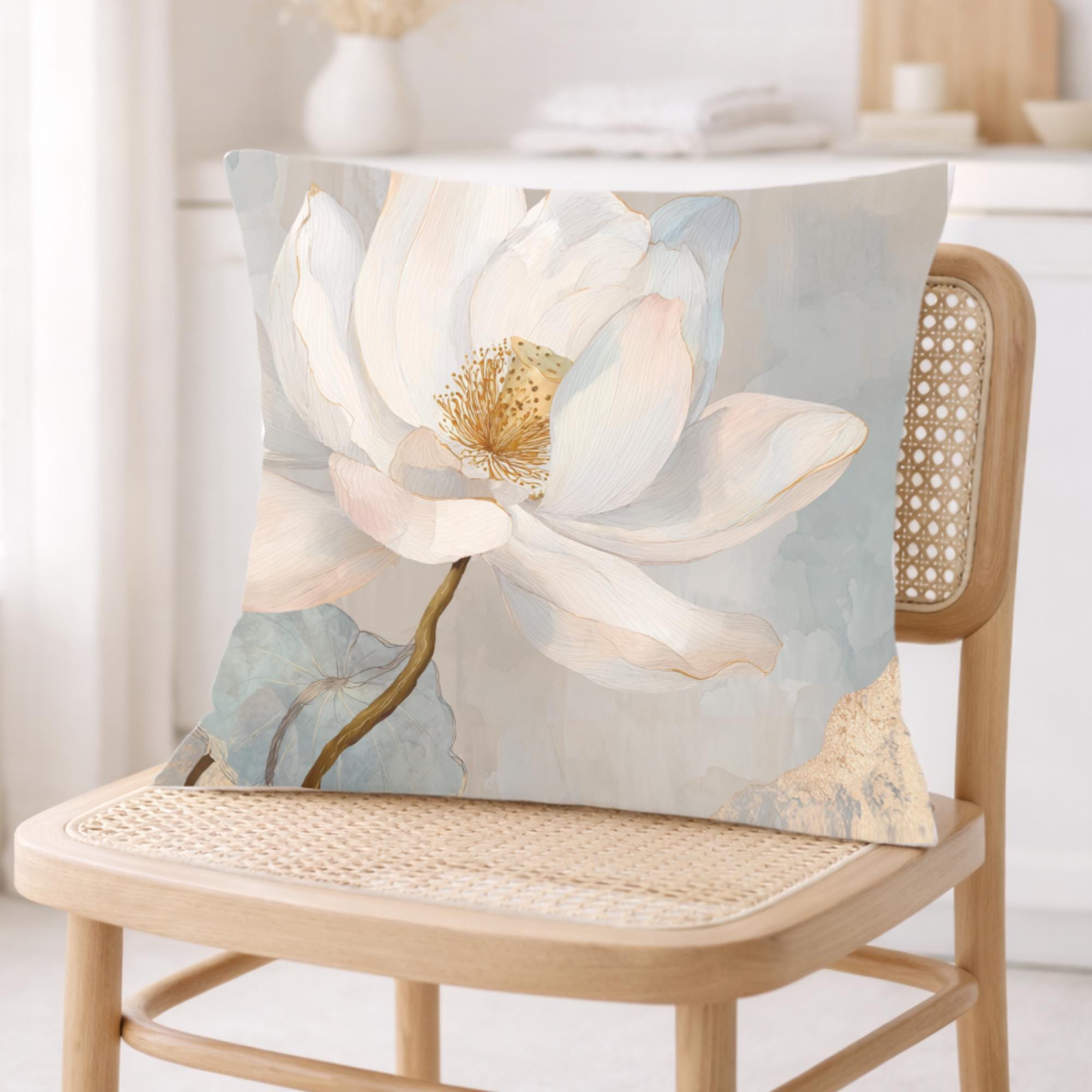 White Lotus Flower Pillow, Soft Neutral Floral Throw Pillow, Elegant Botanical Cushion, Serene Nature Pillowcase, Minimal Cottage Decor