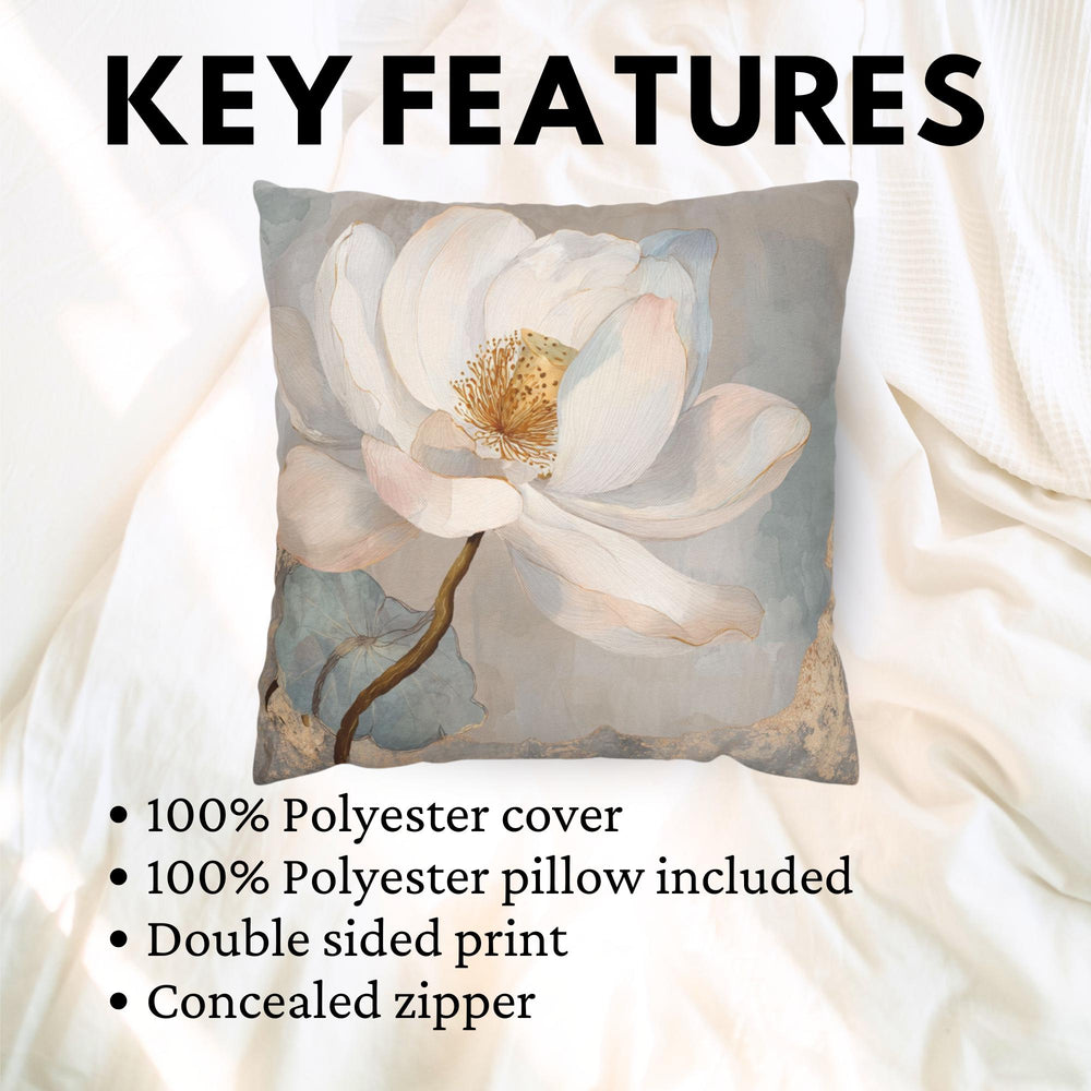 White Lotus Flower Pillow, Soft Neutral Floral Throw Pillow, Elegant Botanical Cushion, Serene Nature Pillowcase, Minimal Cottage Decor