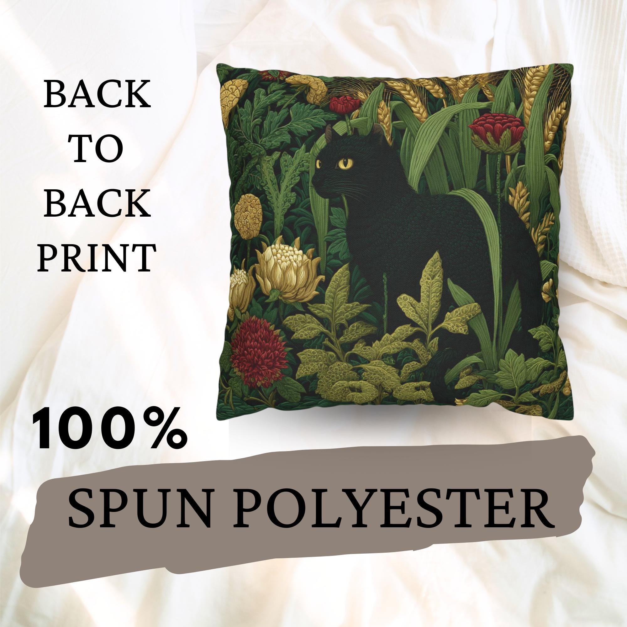 Black Cat Garden Pillow, Moody Botanical Floral Throw Pillow, Elegant Nature Cushion, Vintage Cat Pillowcase, Cottage Garden Decor