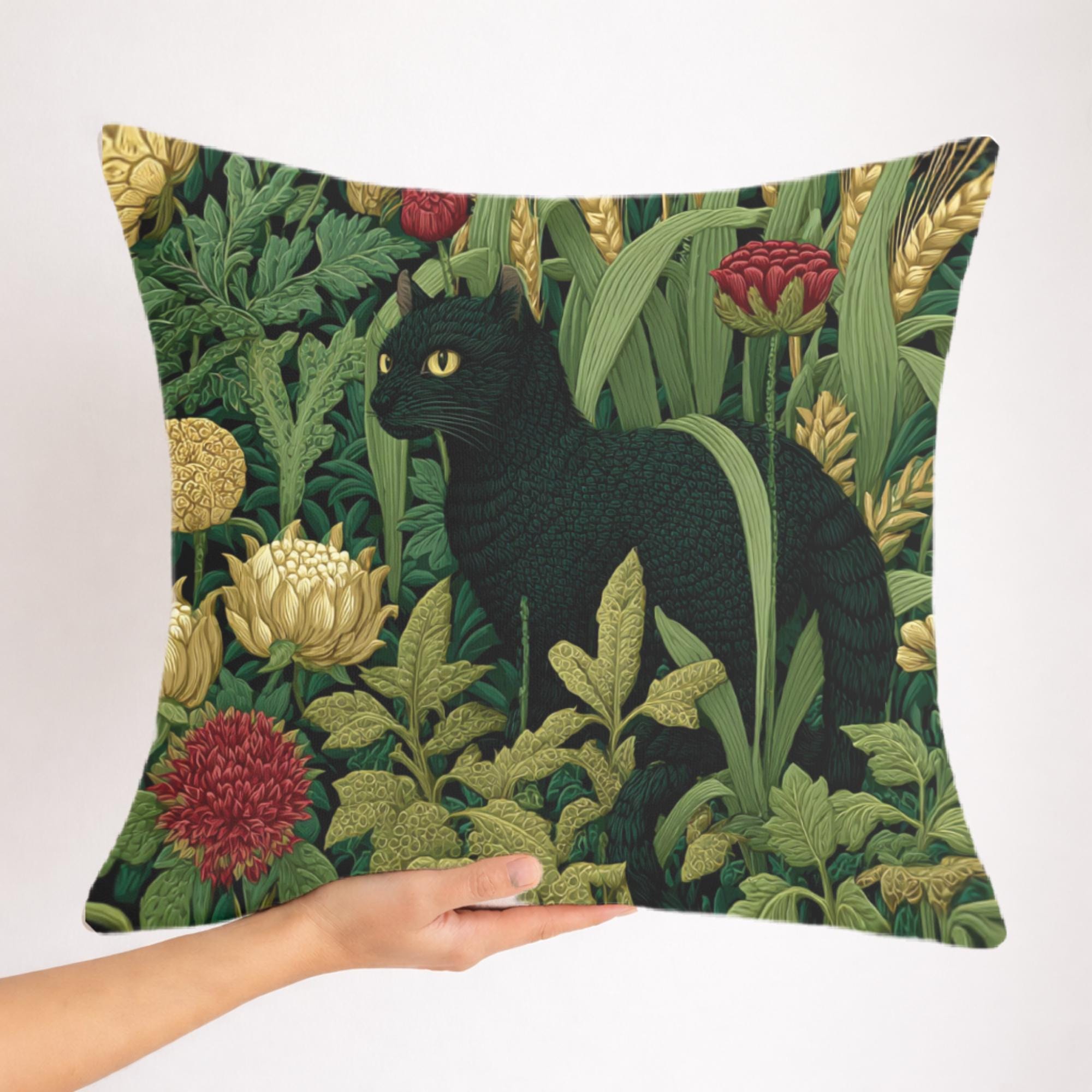 Black Cat Garden Pillow, Moody Botanical Floral Throw Pillow, Elegant Nature Cushion, Vintage Cat Pillowcase, Cottage Garden Decor