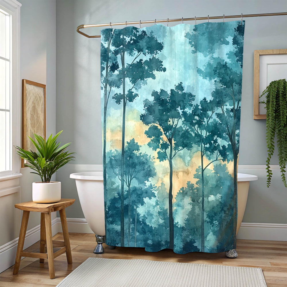 Mist Forest Shower Curtain, Watercolor Tree Silhouette Bathroom Decor, Serene Blue Nature Bath Curtain